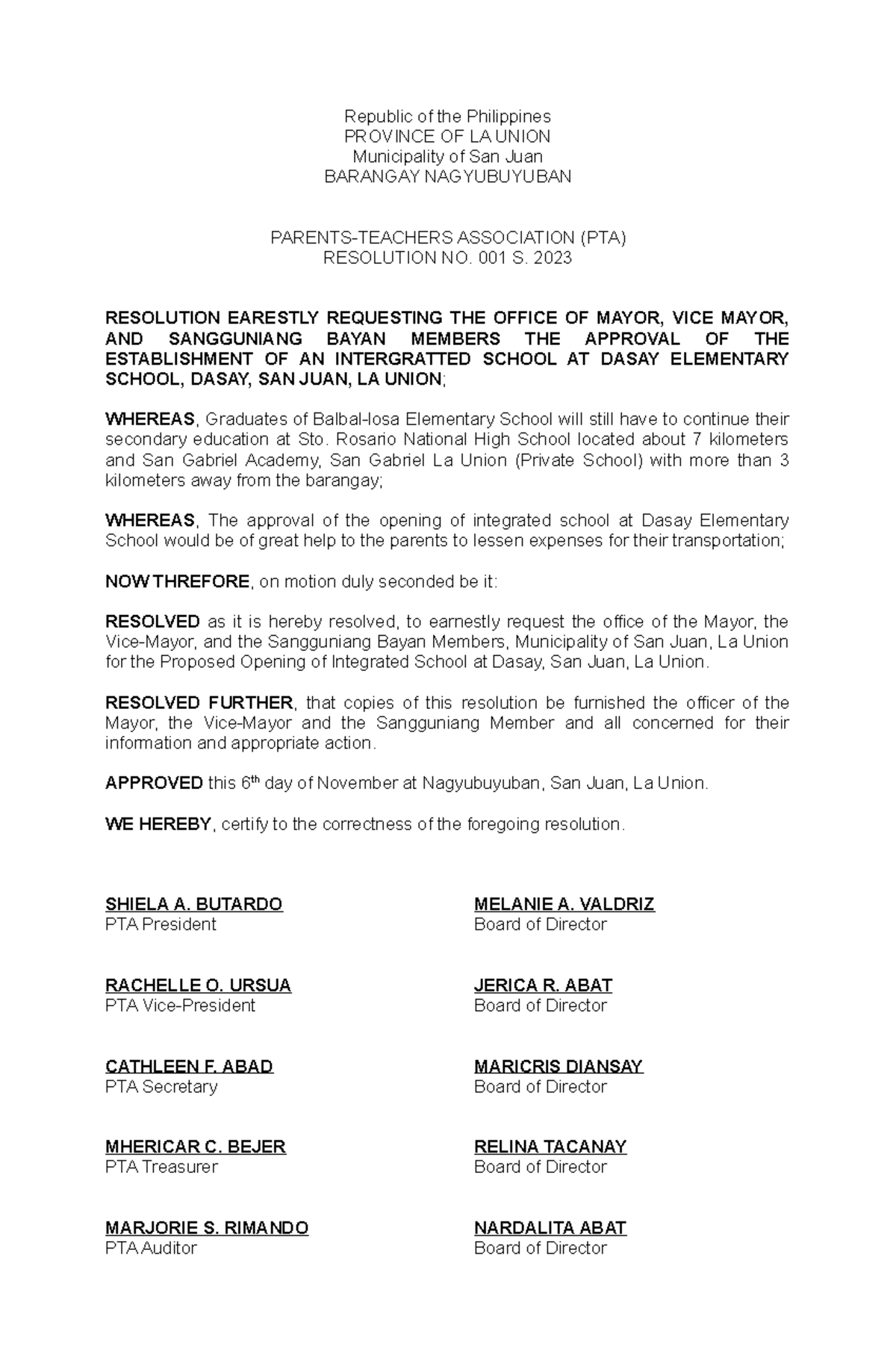 Resolution of PTA Balbal-losa ES - Republic of the Philippines PROVINCE ...