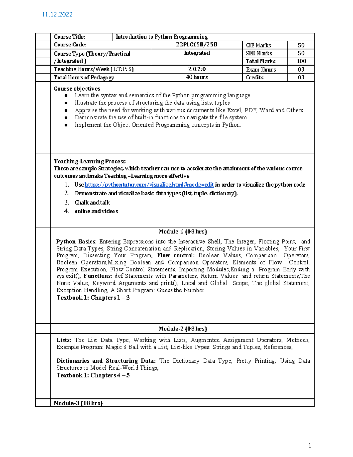 22PLC15B Syllabus - Course Title: Introduction to Python Programming ...