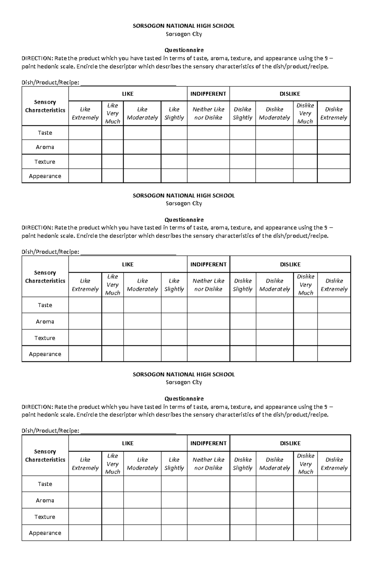 Questionnaire Cookery Food Tasting - SORSOGON NATIONAL HIGH SCHOOL ...