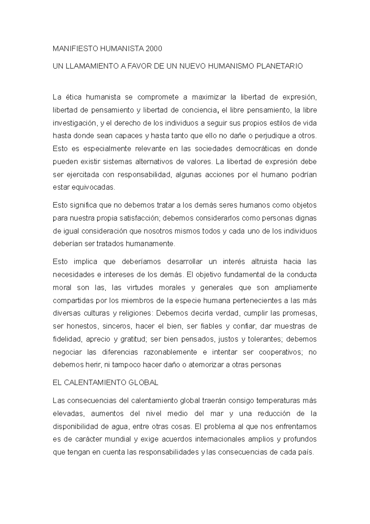 Manifiesto Humanista 2000 MANIFIESTO HUMANISTA 2000 UN LLAMAMIENTO A
