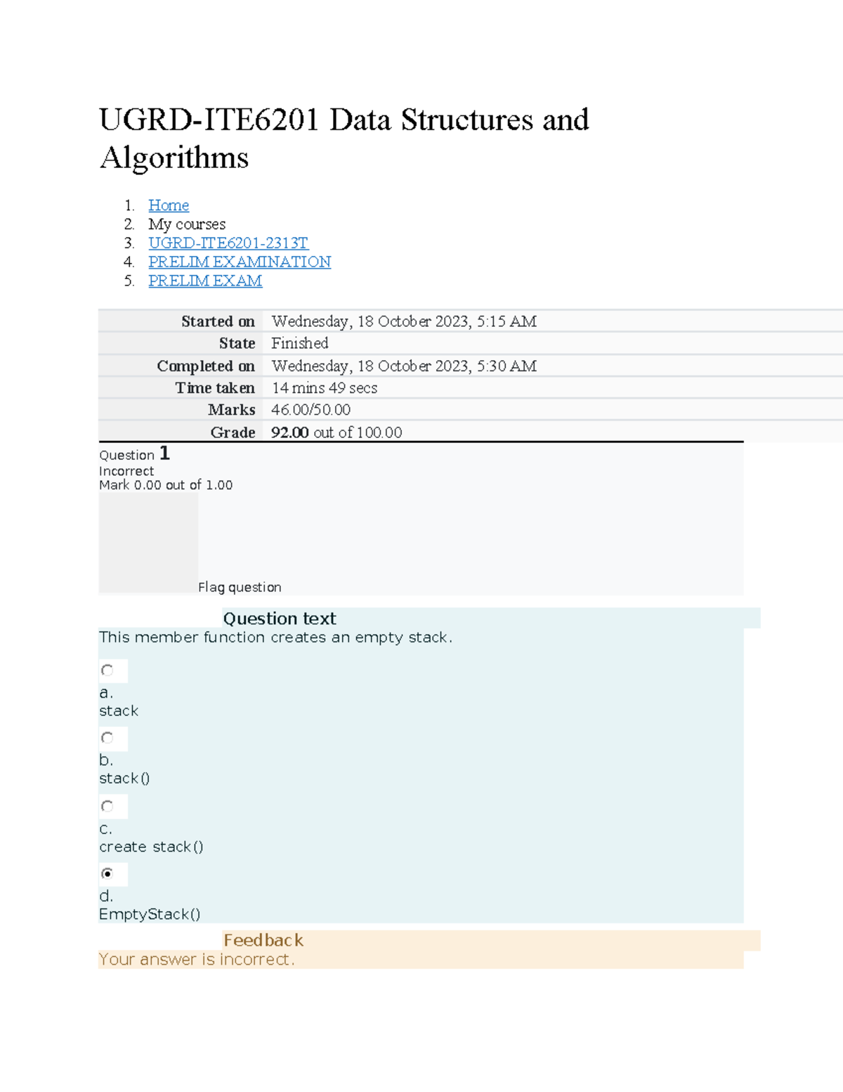 UGRD-ITE6201 Data Structures And Algorithms Prelim EXAM - UGRD-ITE6201 ...