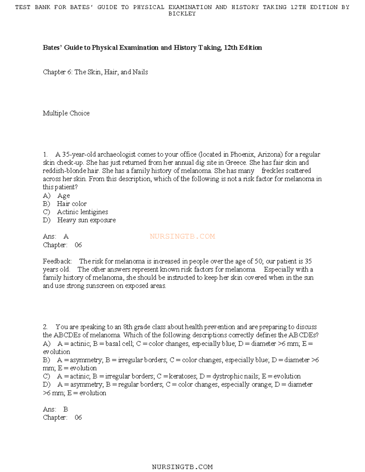 Bates 12th Edition Chapter 6 Practice Questions N U R S I N G T B. C