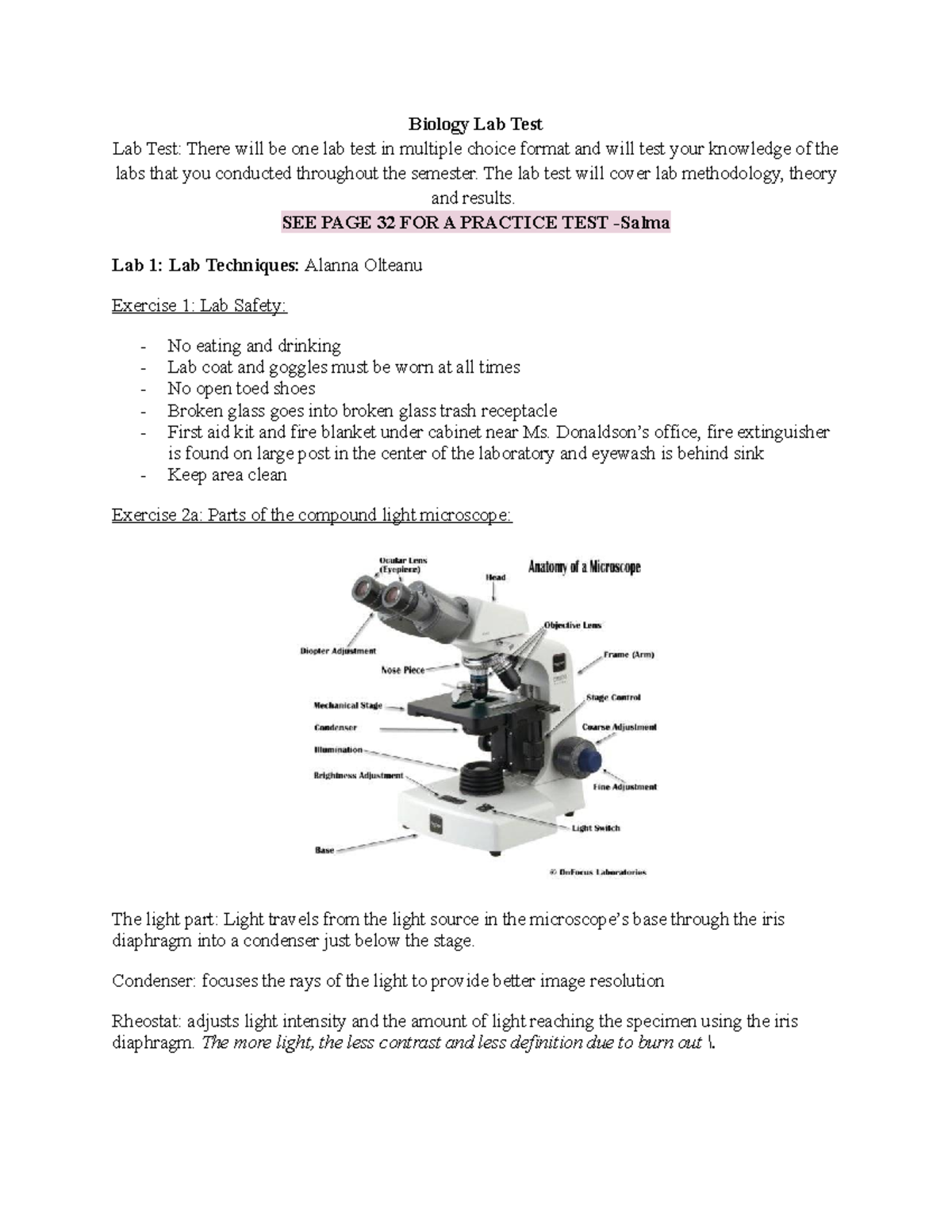 Biology Lab Test Notes Biology Lab Test Lab Test There will be one lab test in multiple