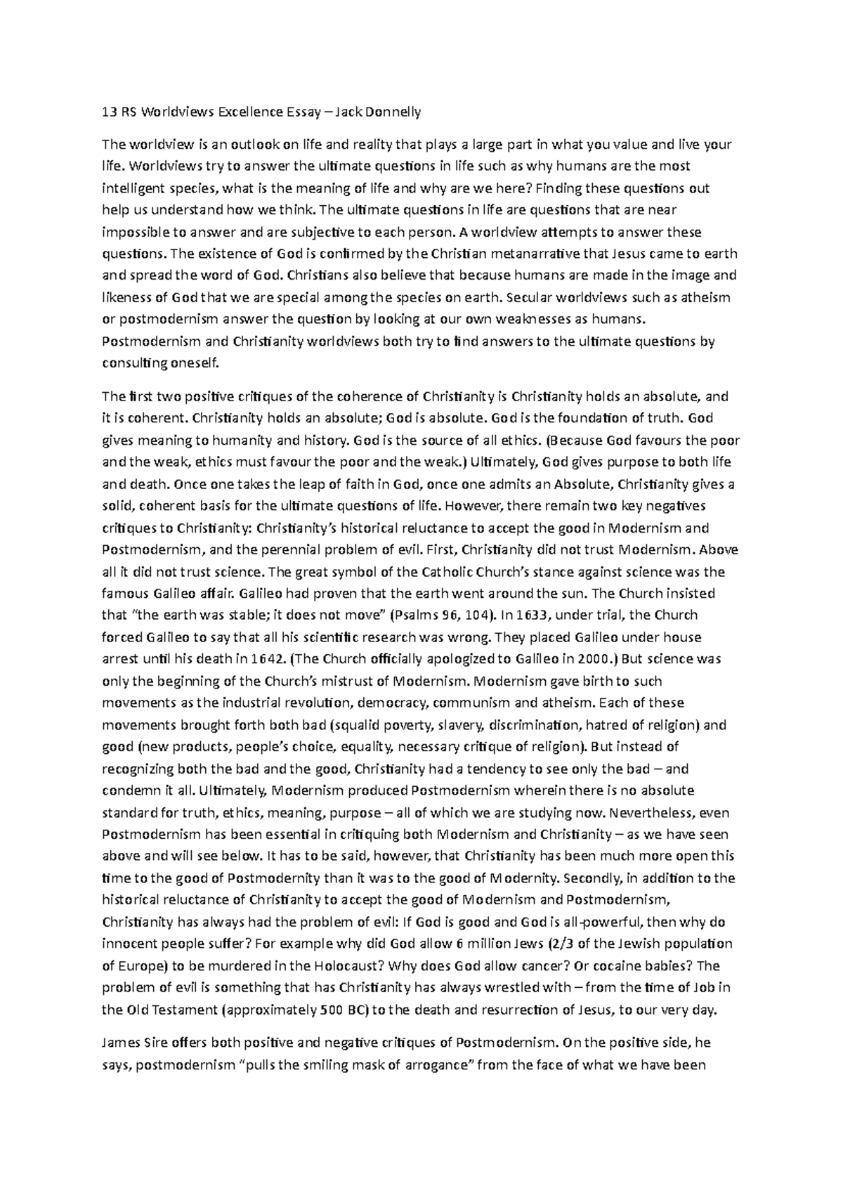 13 RS Worldviews Excellence Essay - Worldviews try to answer the ...