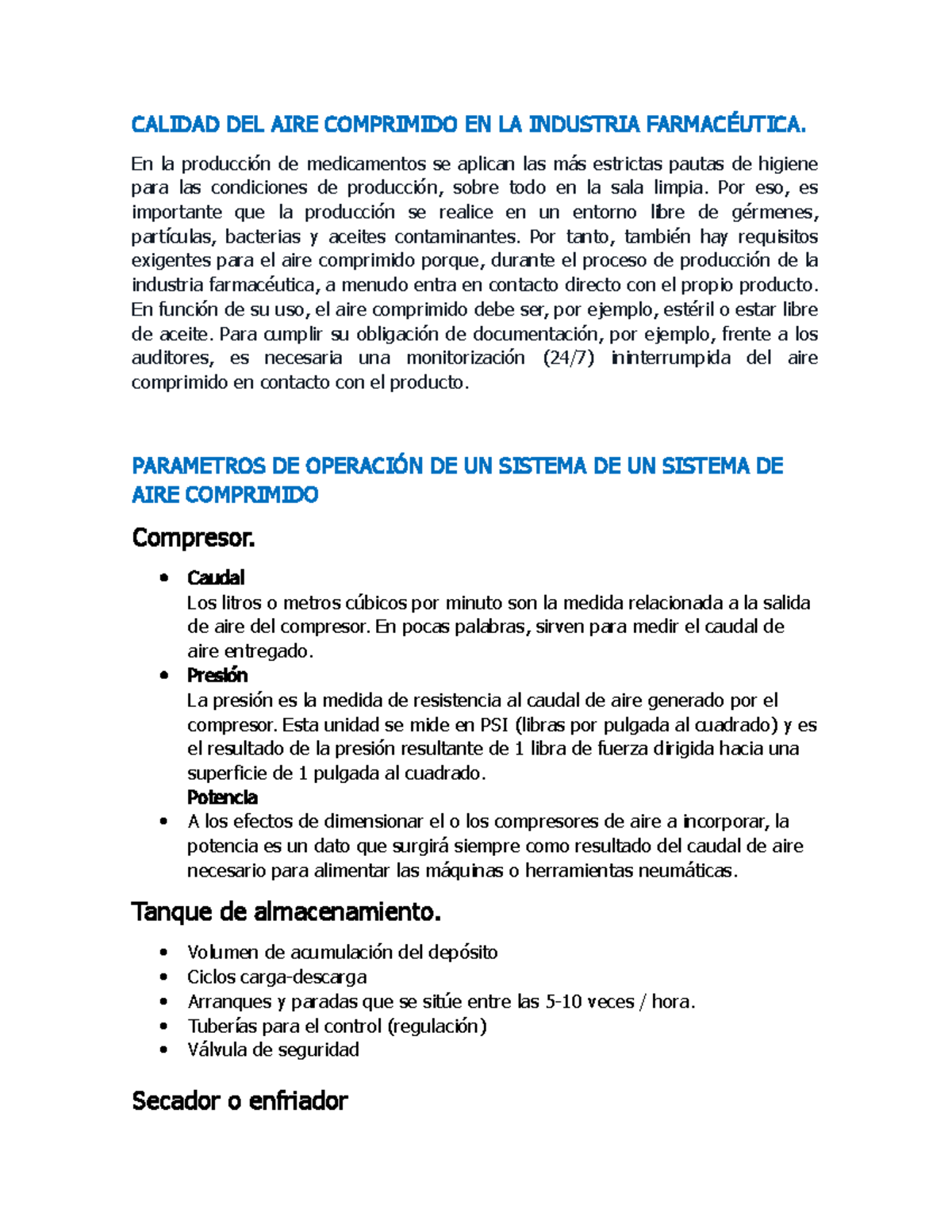 Calidad DEL AIRE Comprimido EN LA Industria Farmacéutica CALIDAD DEL AIRE COMPRIMIDO EN LA Calidad DEL AIRE Comprimido EN LA Industria Farmacéutica CALIDAD DEL AIRE COMPRIMIDO EN LA