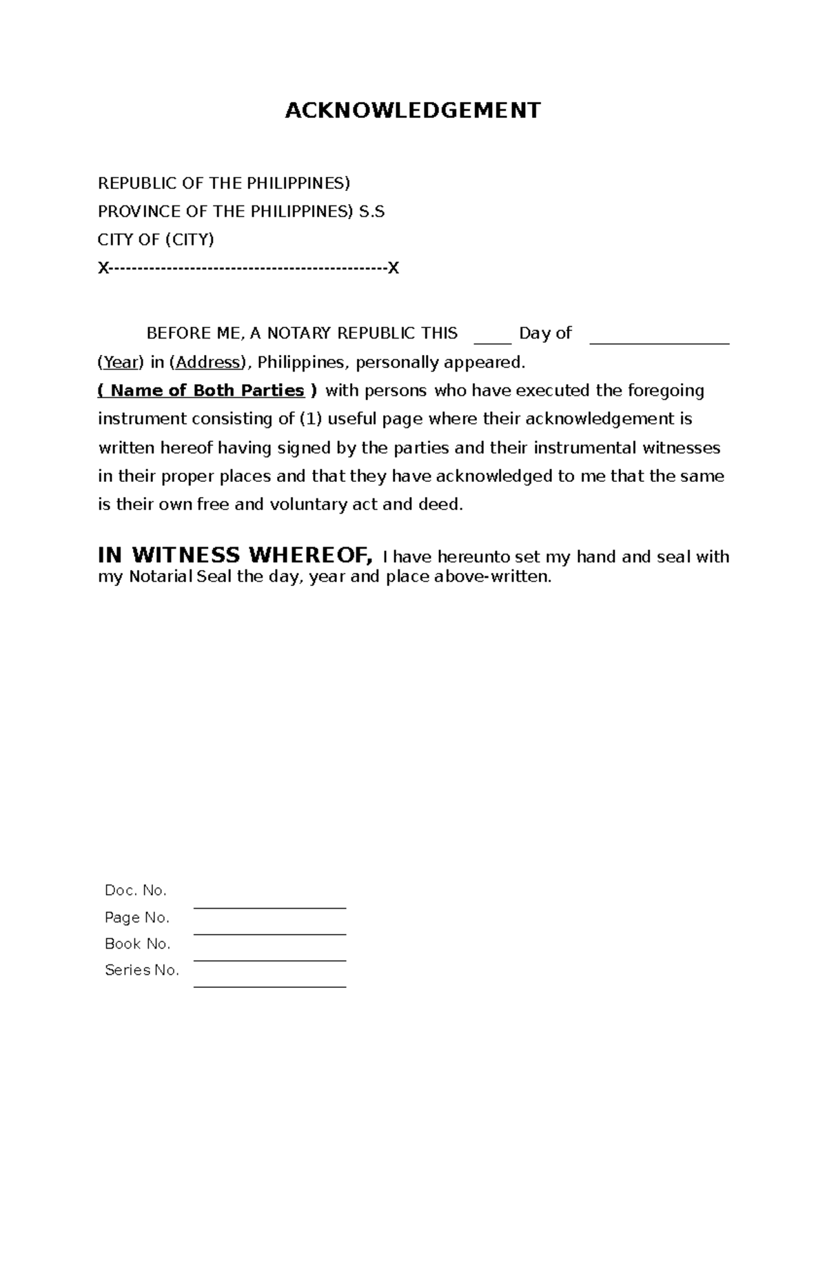 Acknowledgement - ACKNOWLEDGEMENT REPUBLIC OF THE PHILIPPINES) PROVINCE ...