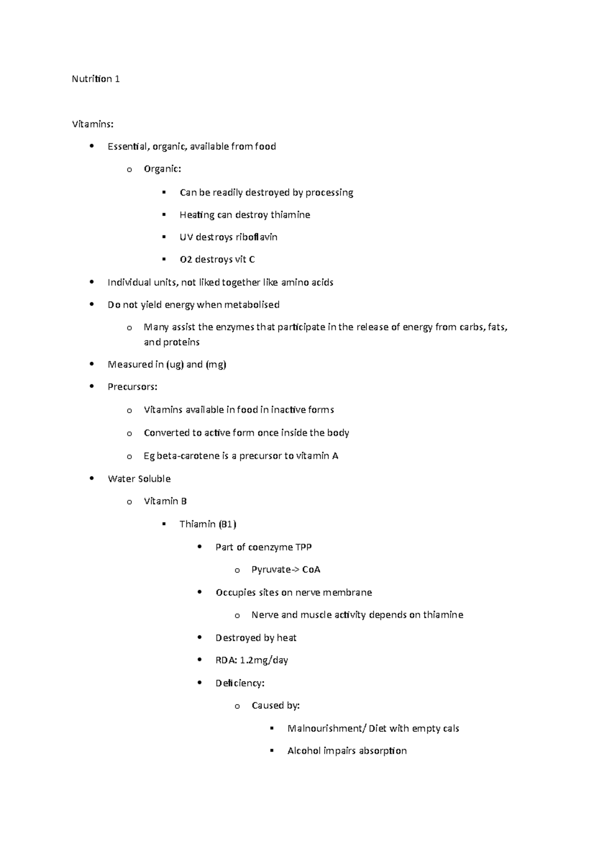 Nutrition 1 - Lecture notes 1 - Nutrition 1 Vitamins: Essential ...