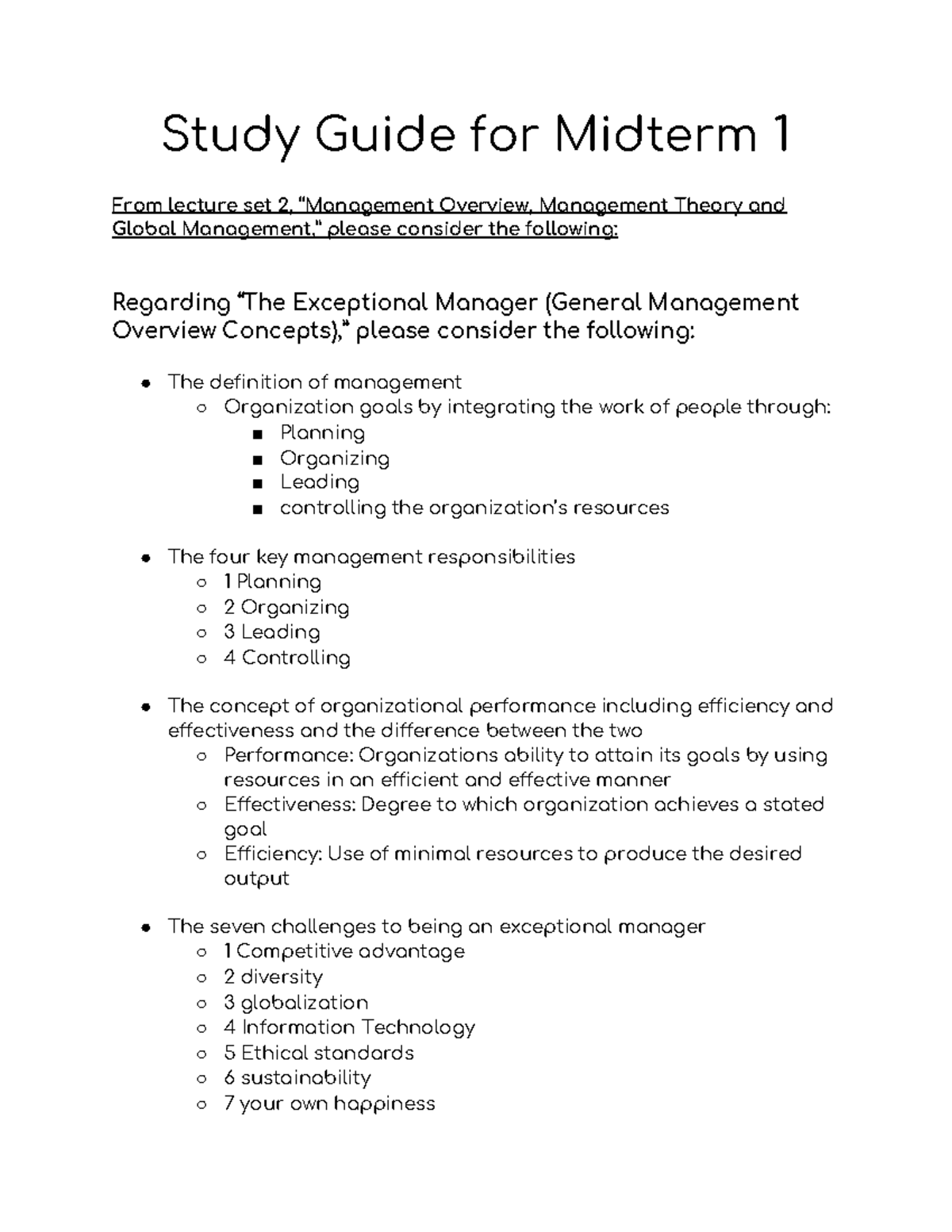 Study Guide for Midterm 1 MGMT 3001 - 0tudå Guide foμ Midteμ ʎ **Fro ...