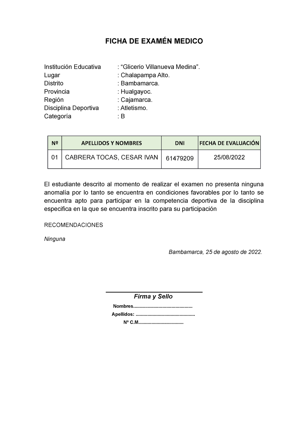 Ficha De Examén Medico Xc X Ficha De ExamÉn Medico Institución Educativa “glicerio 5832