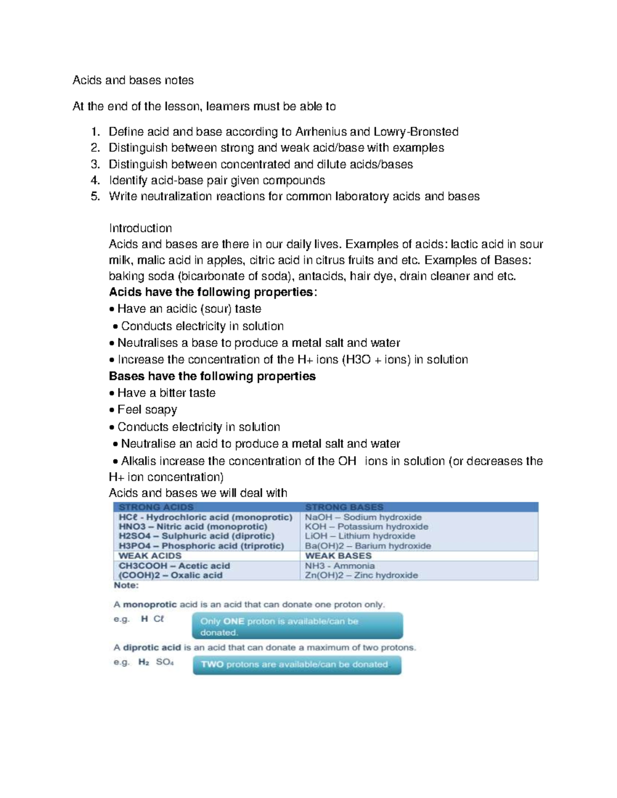 Acids and bases notes - Examples of acids: lactic acid in sour milk ...