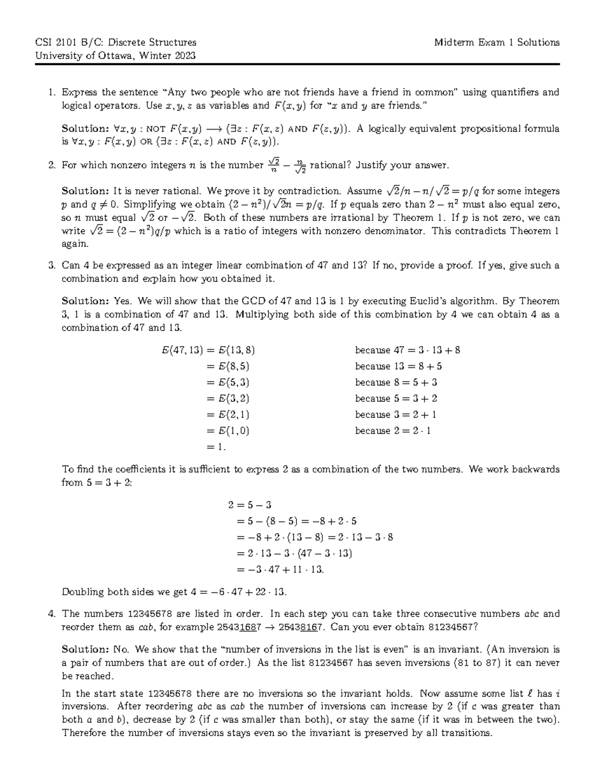 Midterm 1 solution - CSI 2101 B/C: Discrete Structures Midterm Exam 1 ...