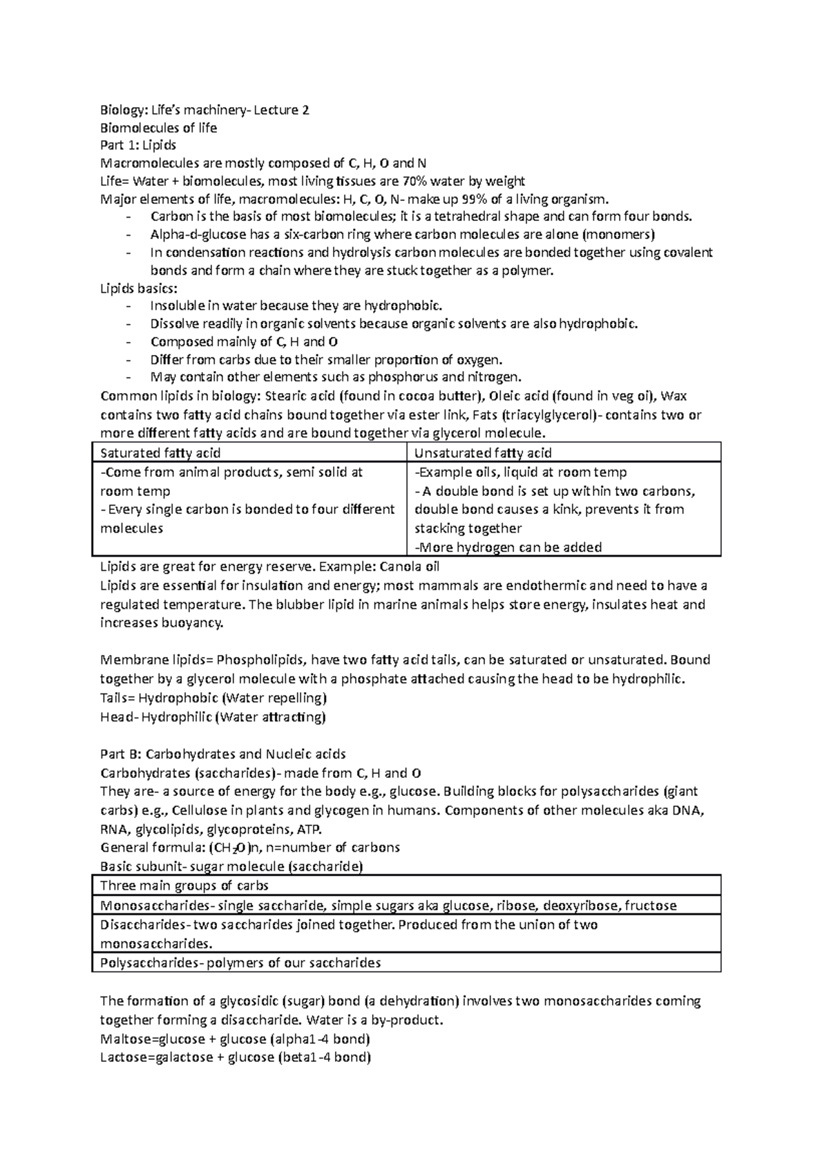 BIO Lecture 2 Biology Life’s machinery Lecture 2 Biomolecules of