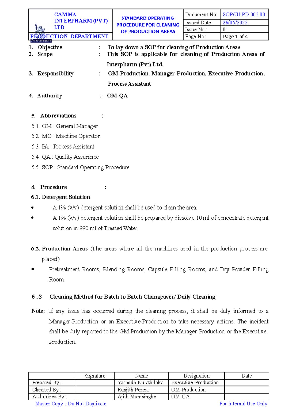 03 - 05.00 Sop For Cleaning Production Areas - 1. Objective : To lay ...