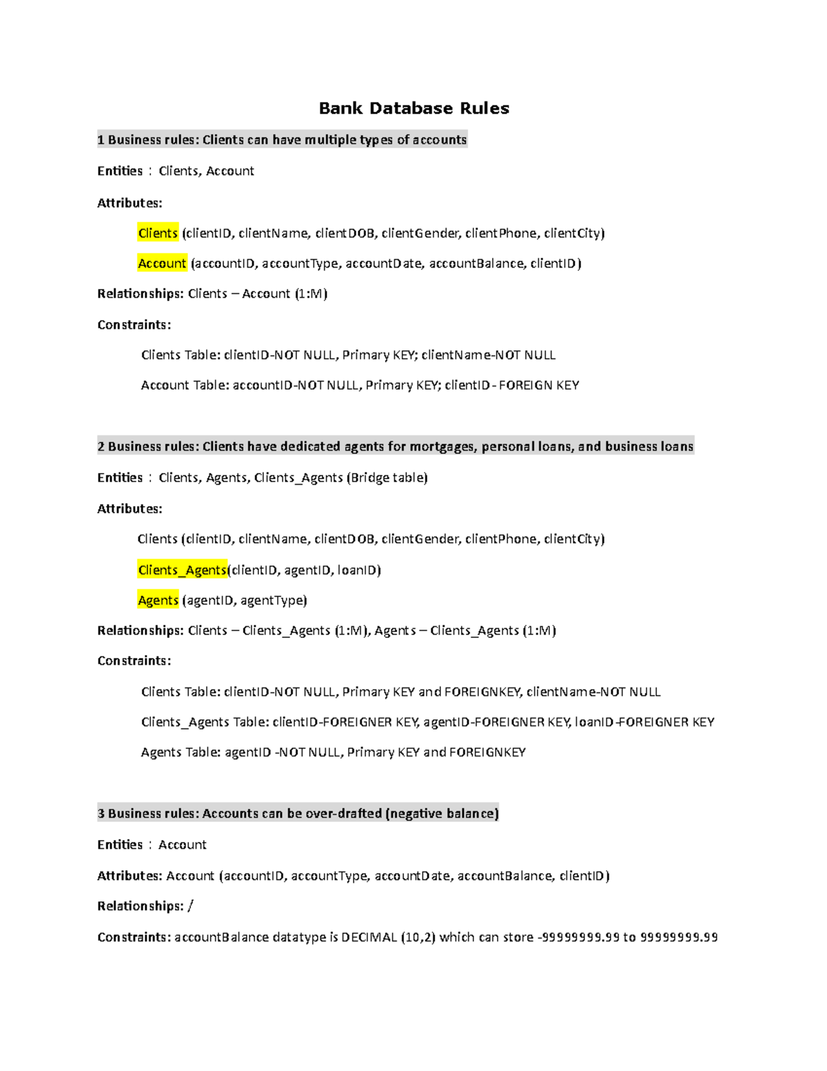 2Exercise-Business Rule Generation - Bank Database Rules 1 Business ...