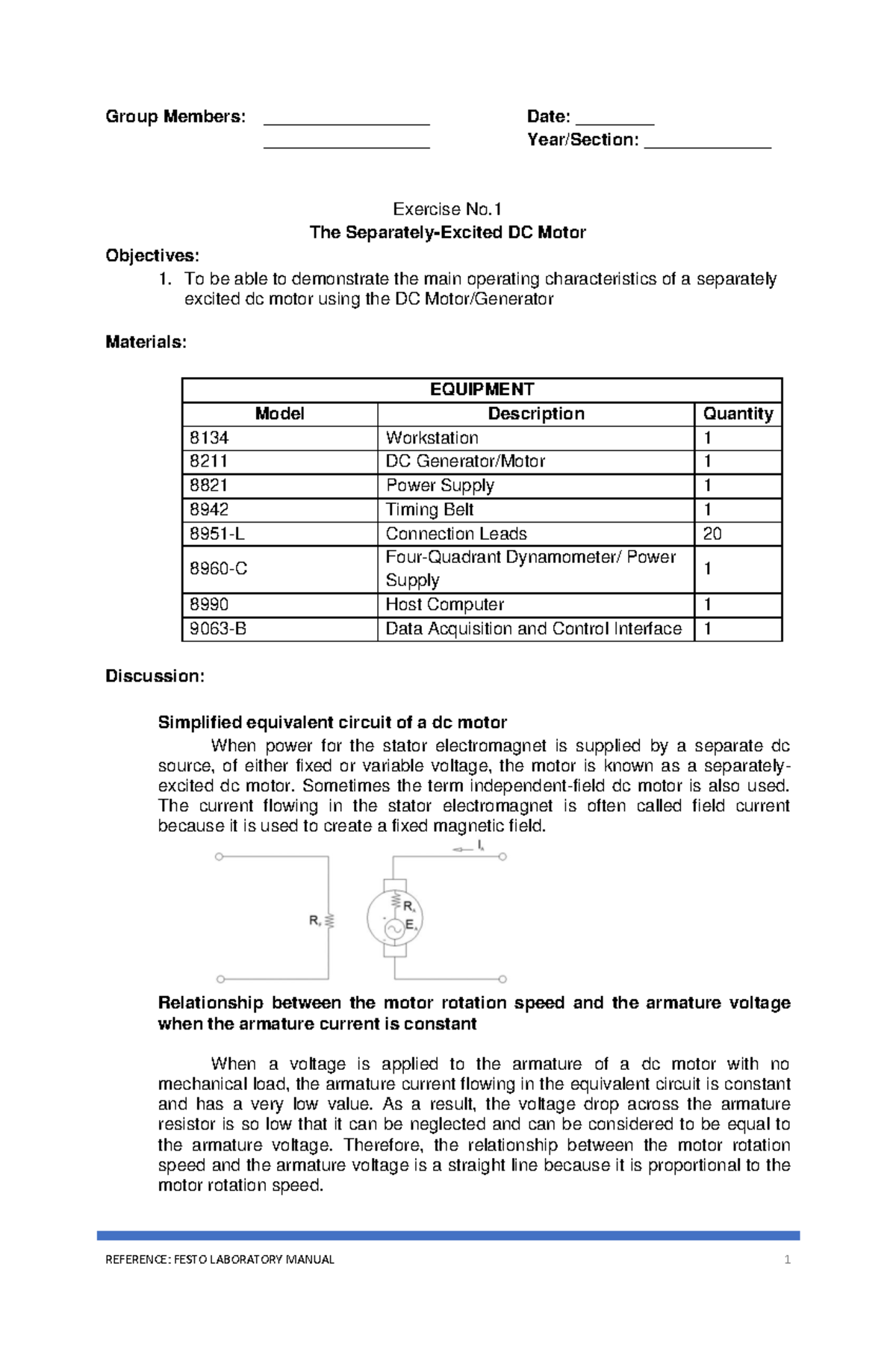 Laboratory-Exercise-1 Separatly-Excited-DC-Motor - Group Members ...