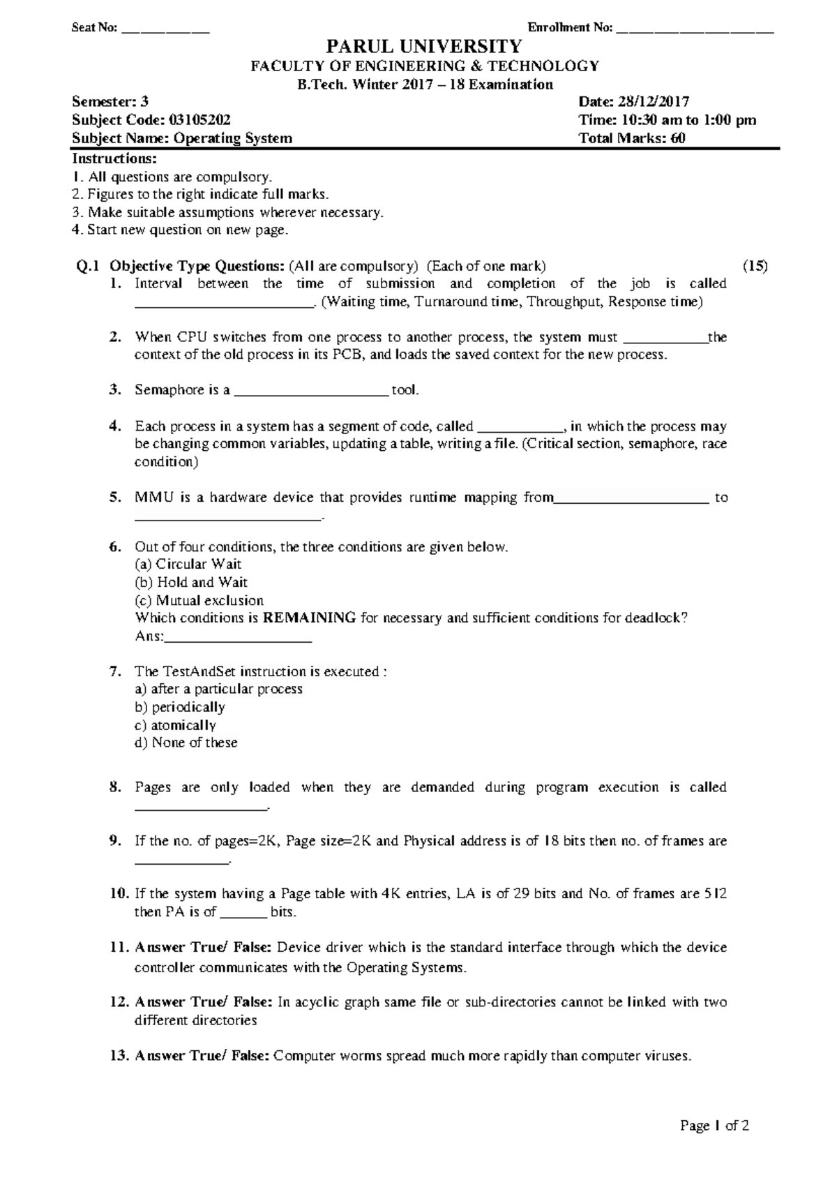 Os2017 question paper - Page 1 of 2 Seat No: ______________ Enrollment ...