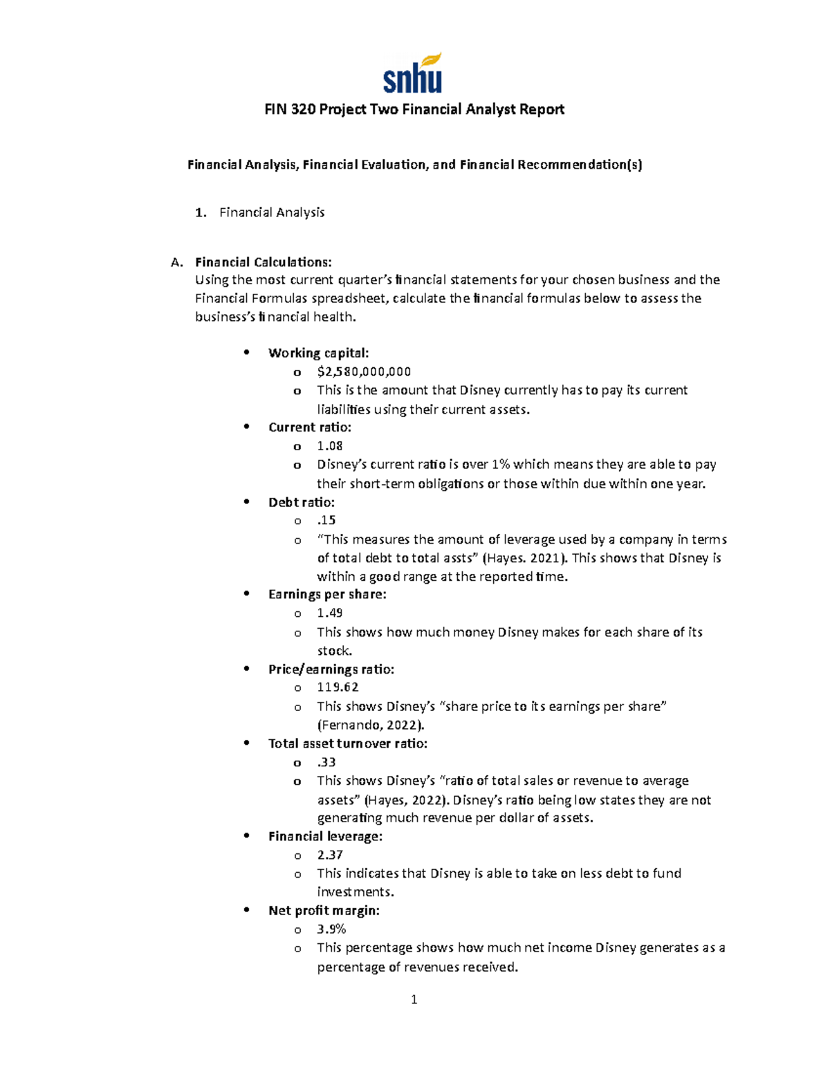 FIN 320 Project Two Financial Analyst Report - Financial Calculations ...