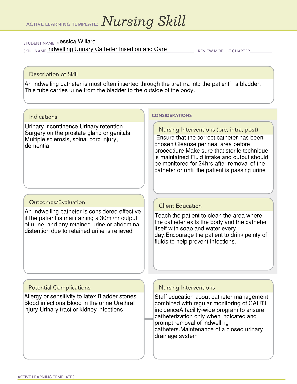 Indwelling Urinary Catheter Insertion And Care ACTIVE LEARNING TEMPLATES Nursing Skill STUDENT
