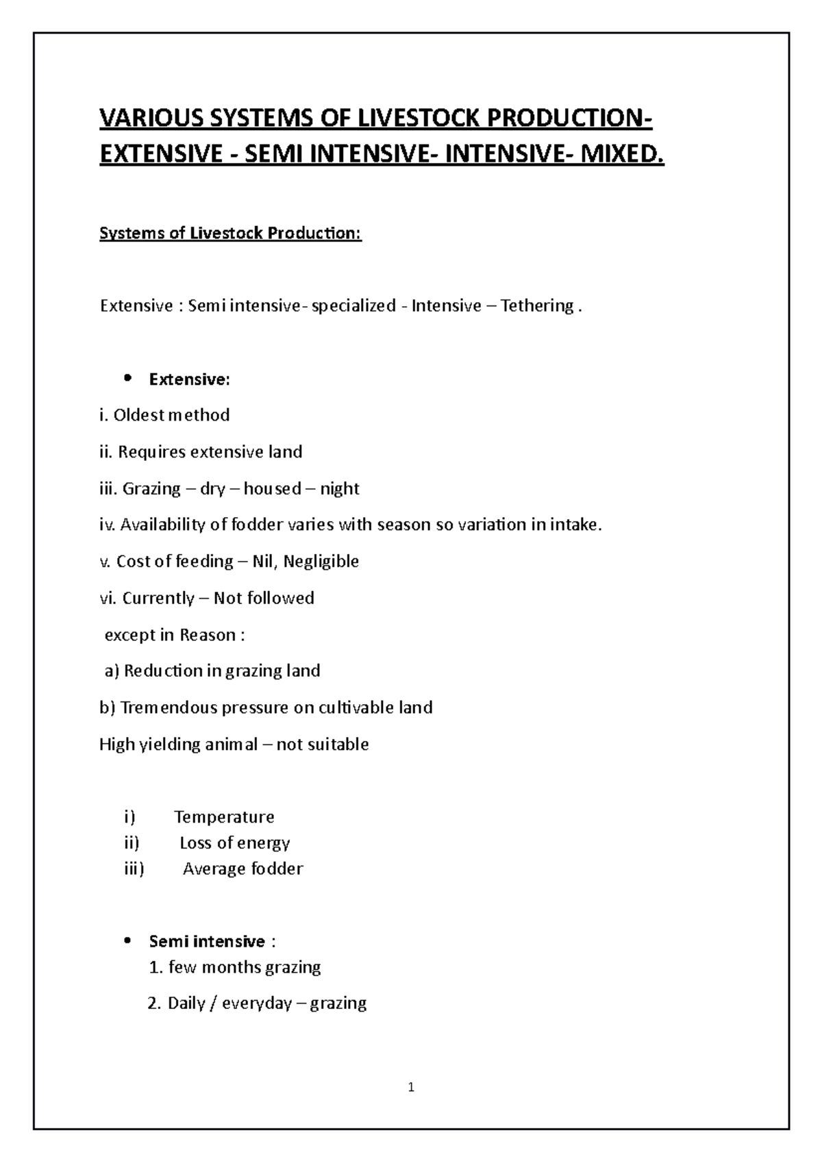 Various Systems OF Livestock Production VARIOUS SYSTEMS OF LIVESTOCK