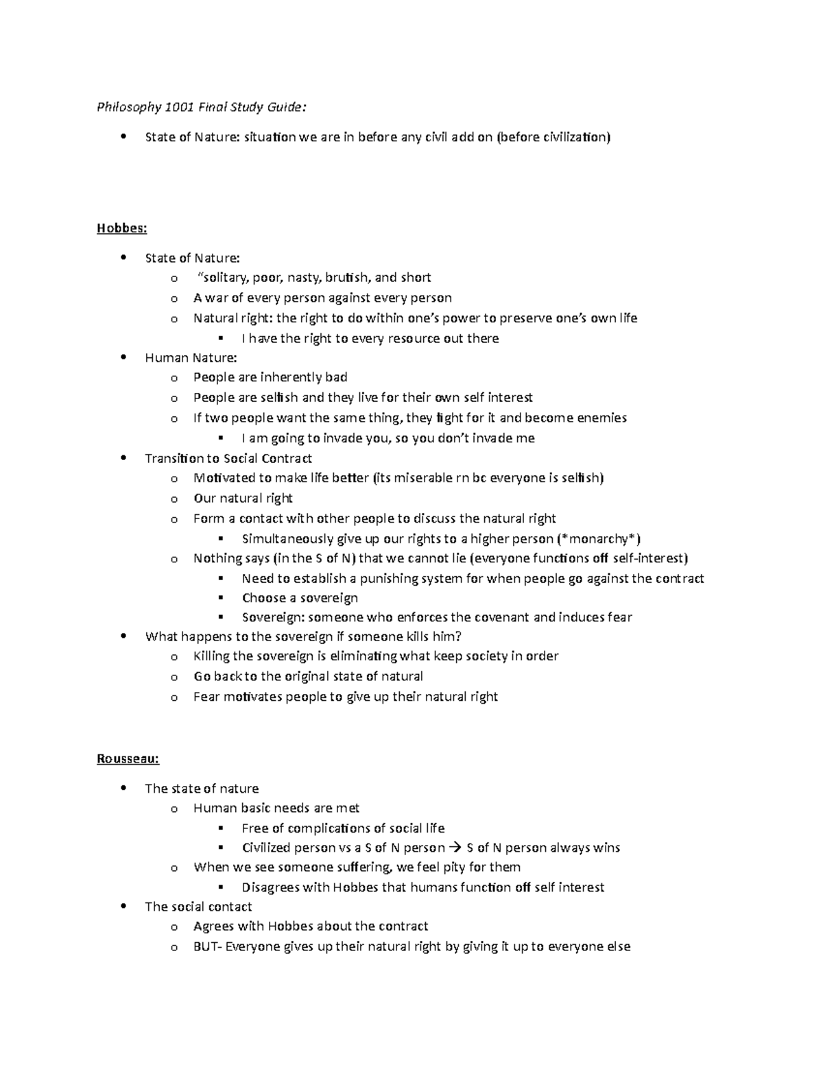 Final Study Guide - Philosophy 1001 Final Study Guide: State of Nature ...