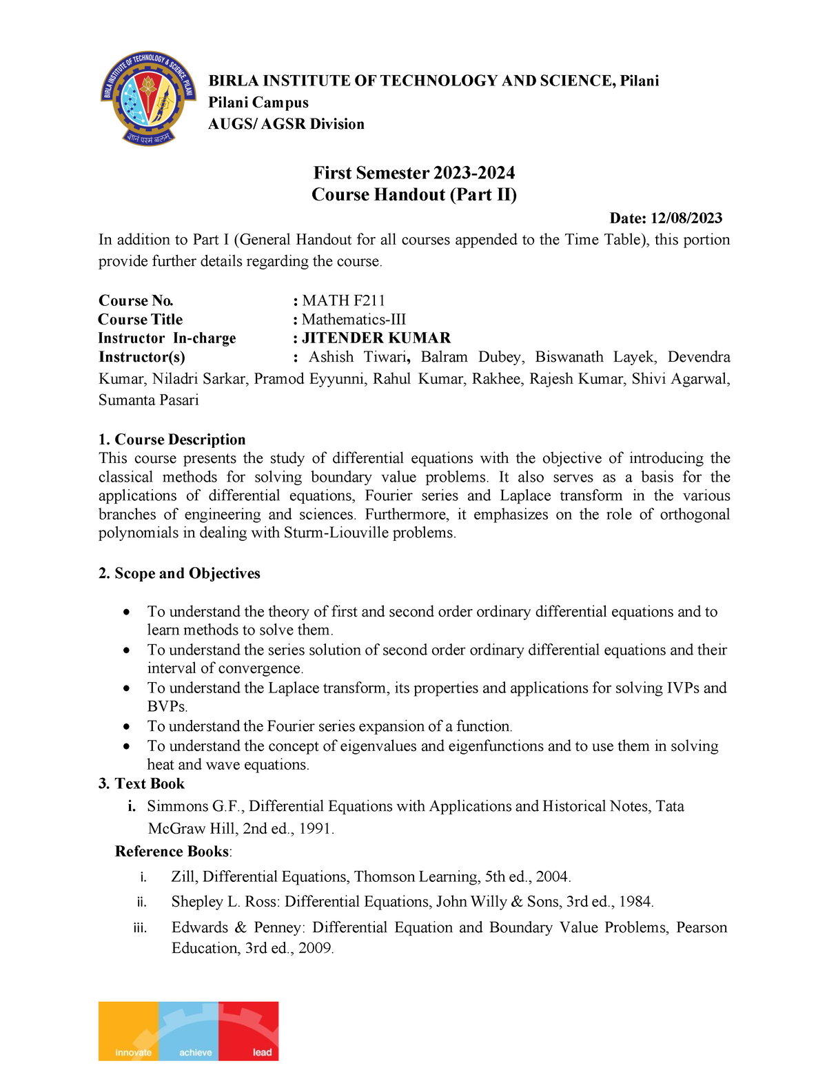 MATH F211 Handout - Pilani Campus AUGS/ AGSR Division First Semester ...