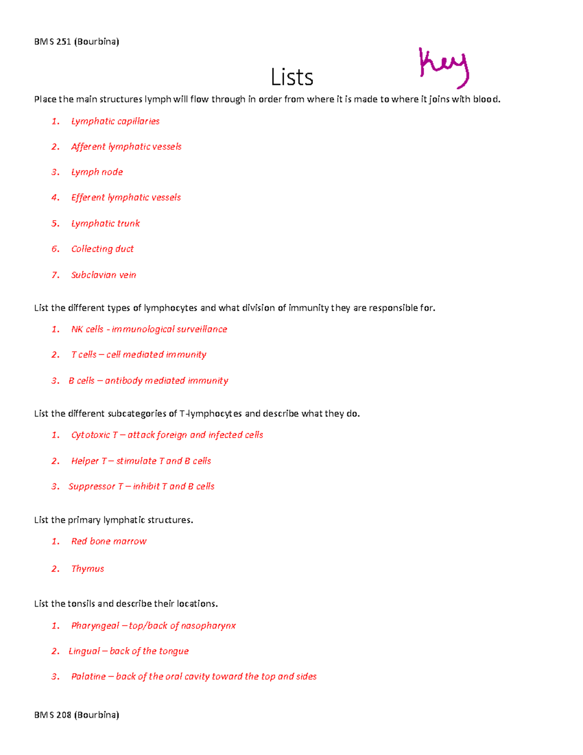 Lymph System Practice Questions - Lists Place the main structures lymph ...