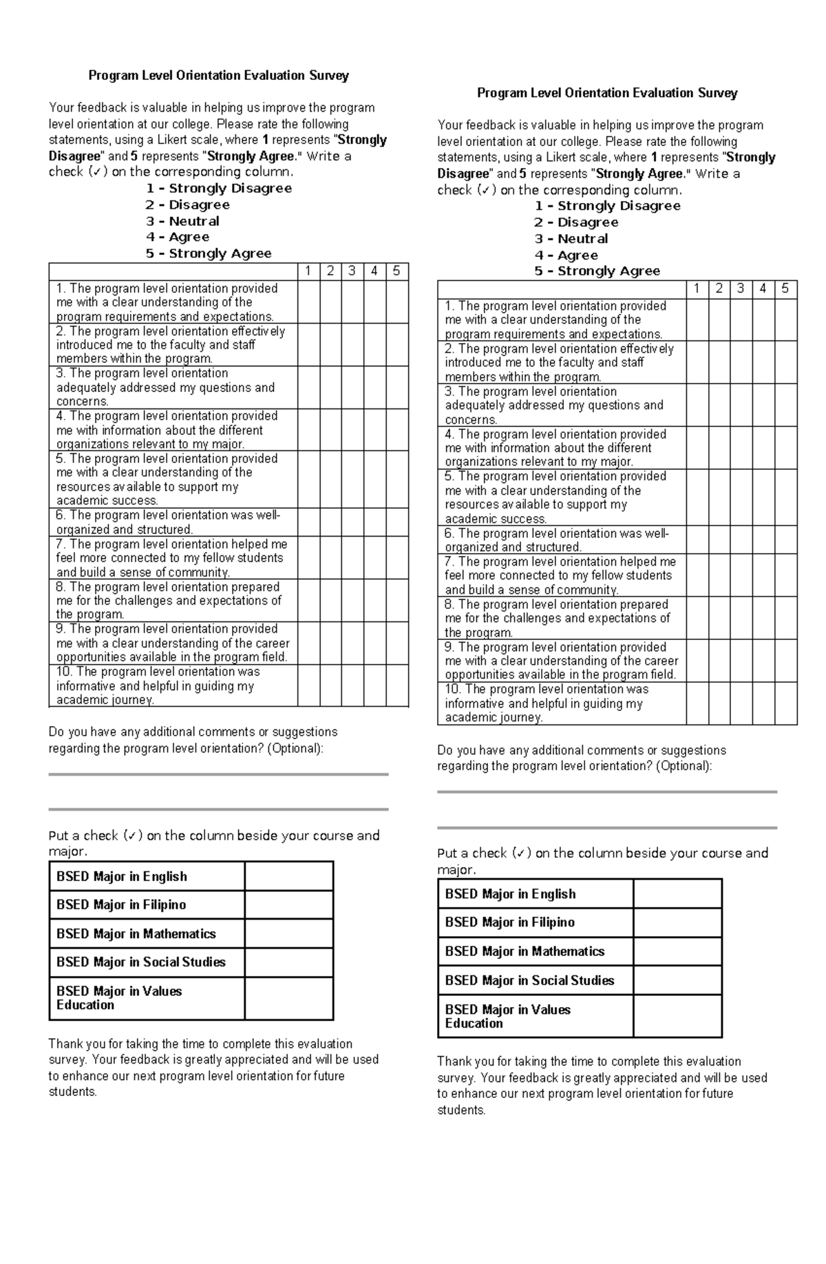Evaluation Design Sample - Program Level Orientation Evaluation Survey ...