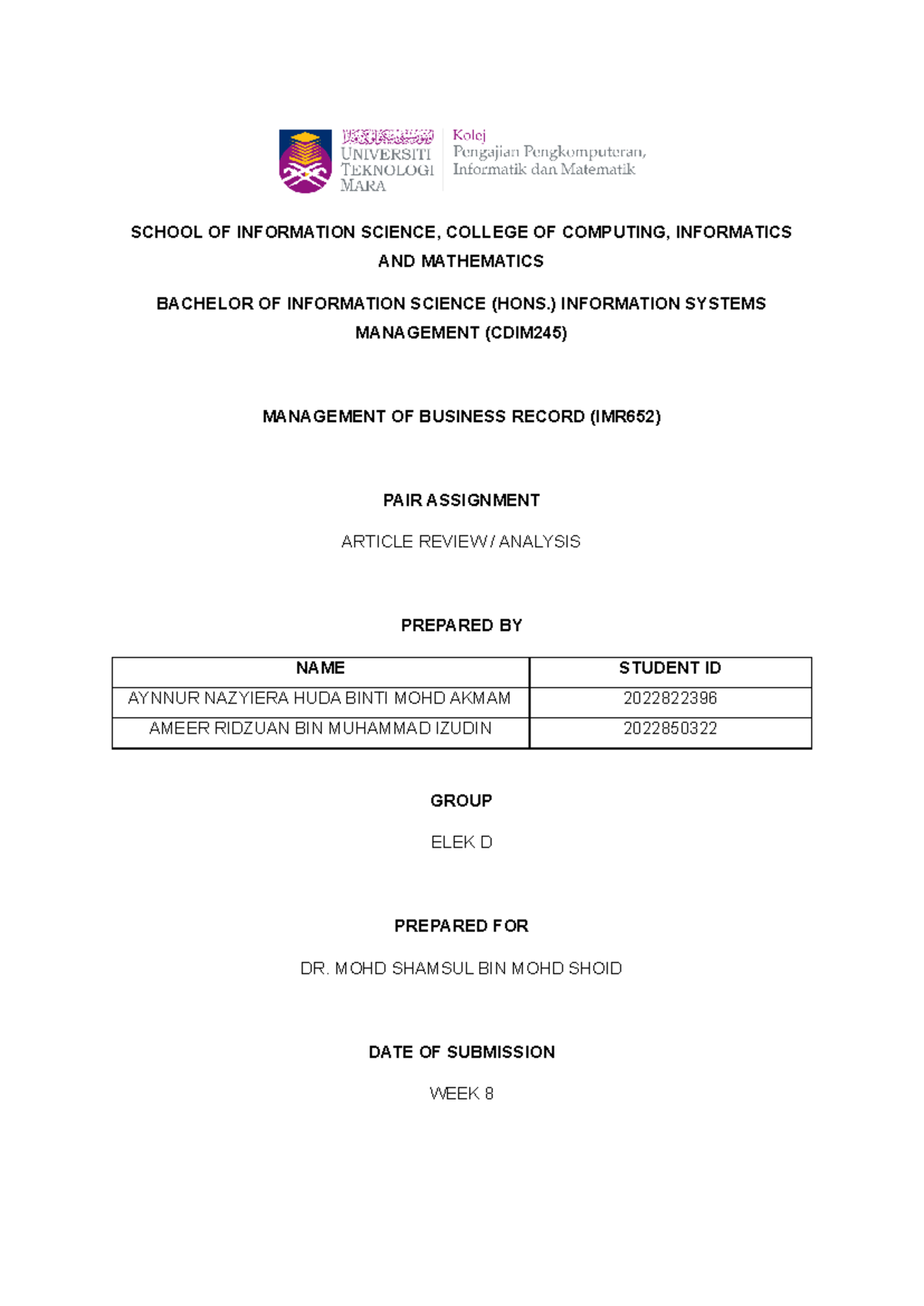 IMR652 - PAIR Assignment - SCHOOL OF INFORMATION SCIENCE, COLLEGE OF ...