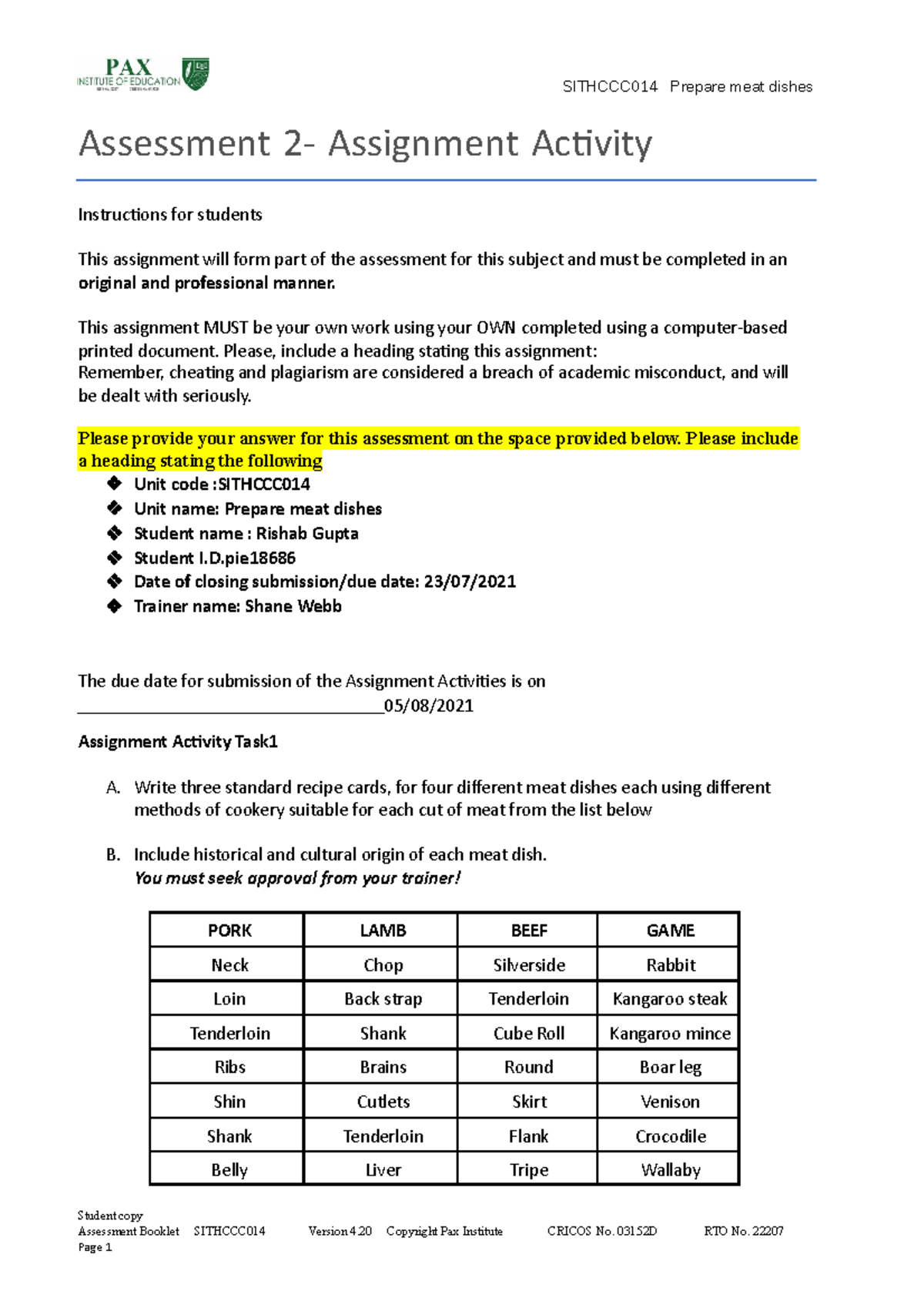 Sithccc 014 File SITHCCC014 Prepare meat dishes Student copy Assessment Booklet SITHCCC Page