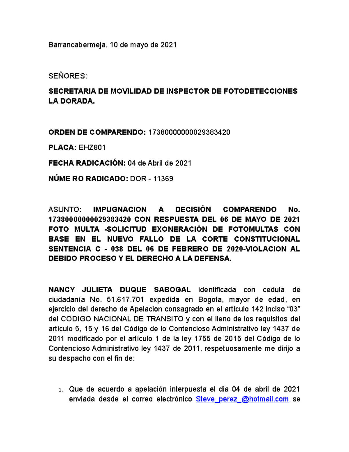 510517548 Impugnacion Respuesta Comparendo No 17380000000029383420 ...