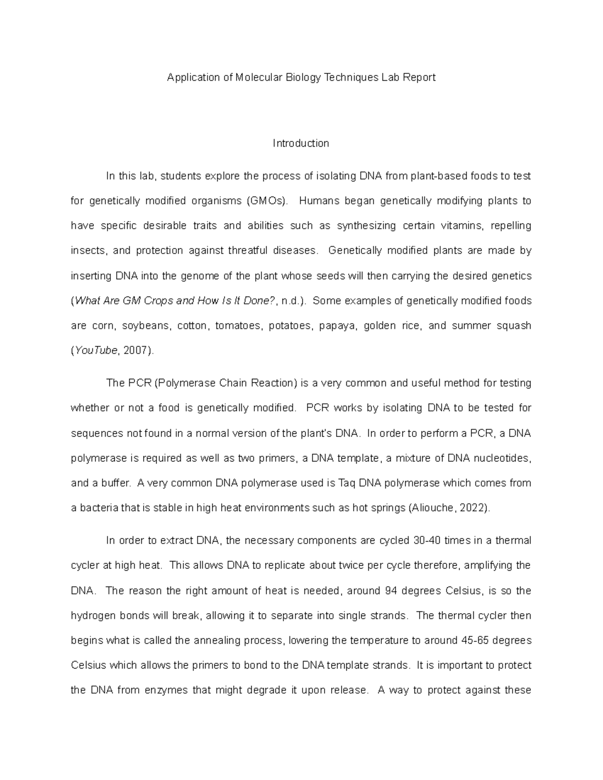 Application of Molecular Biology Techniques Lab Report Application of