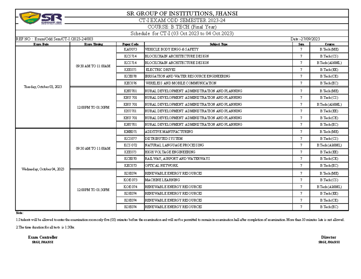 CTI Exam Schedule Odd Semester 202324 B.Tech (Final Year) Exam Date