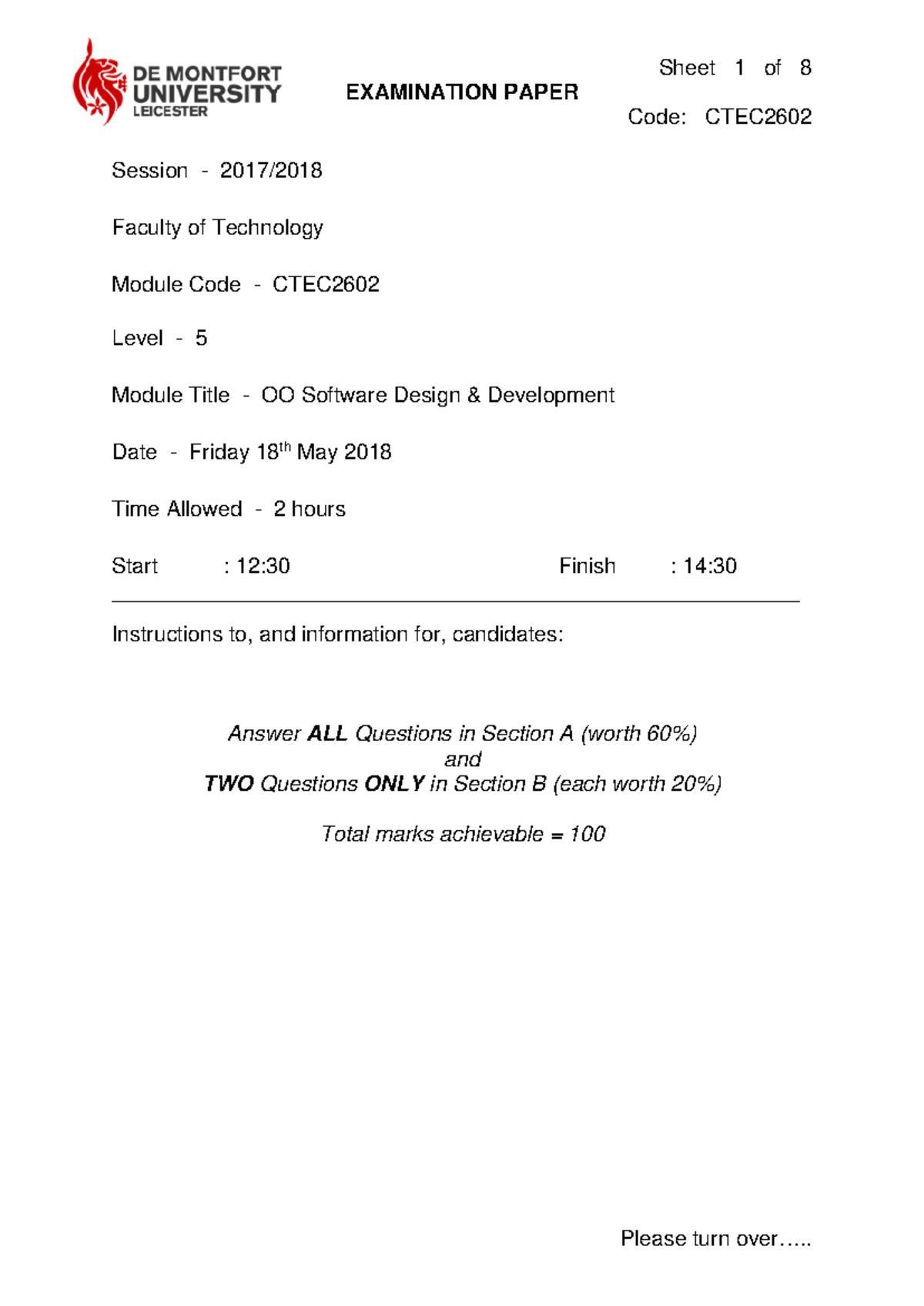 CTEC2602 2018 Exam - Sheet 1 of 8 EXAMINATION PAPER Code: CTEC Session ...