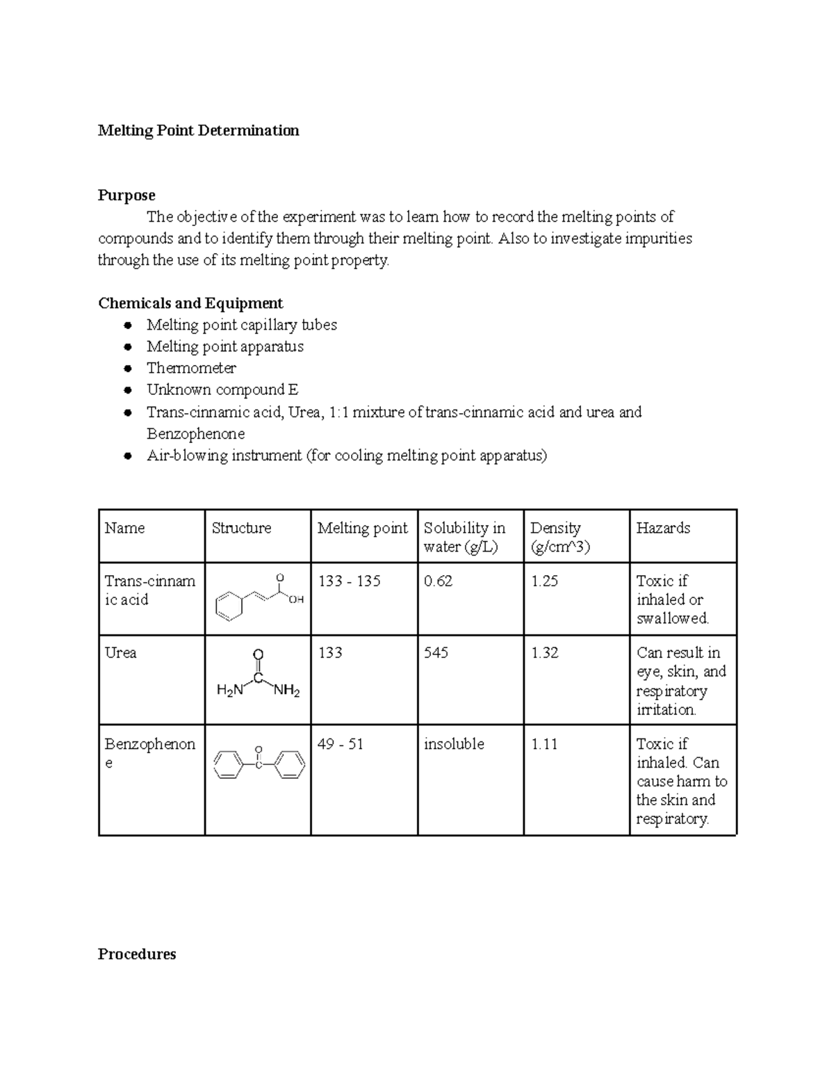 Orgo lab 1 Melting Point Determination - Melting Point Determination ...