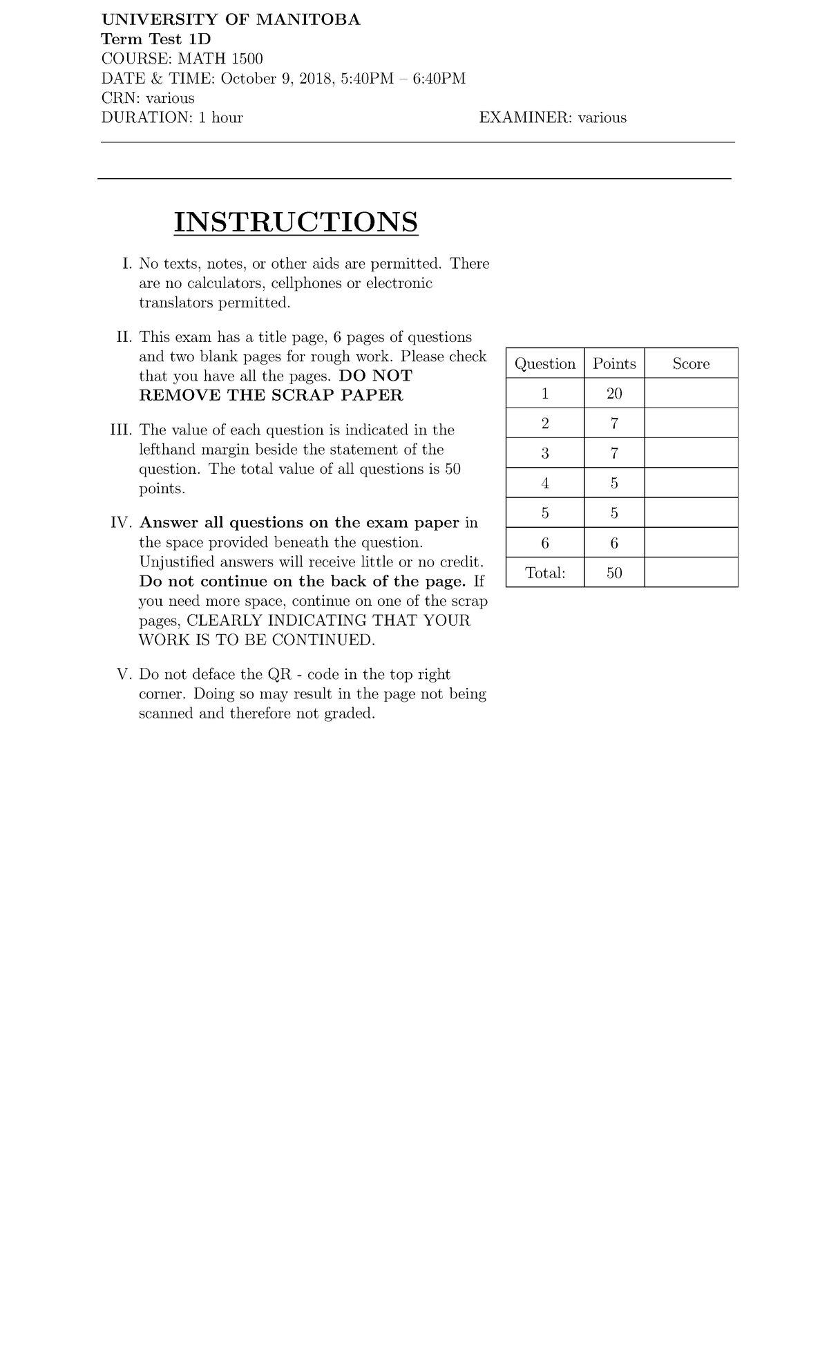 Midterm 2 June 2018, answers - Term Test 1D COURSE: MATH 1500 DATE ...
