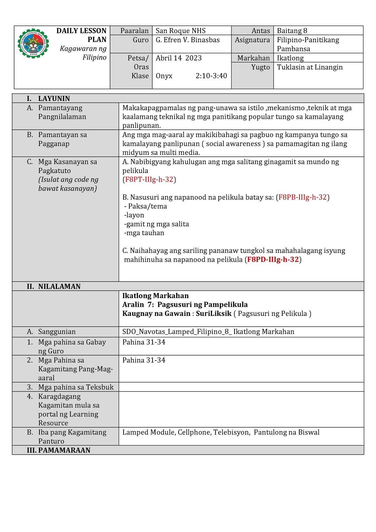 Draft-DLP-Q3-M7-Binasbas Final Edited - DAILY LESSON PLAN Kagawaran ng ...