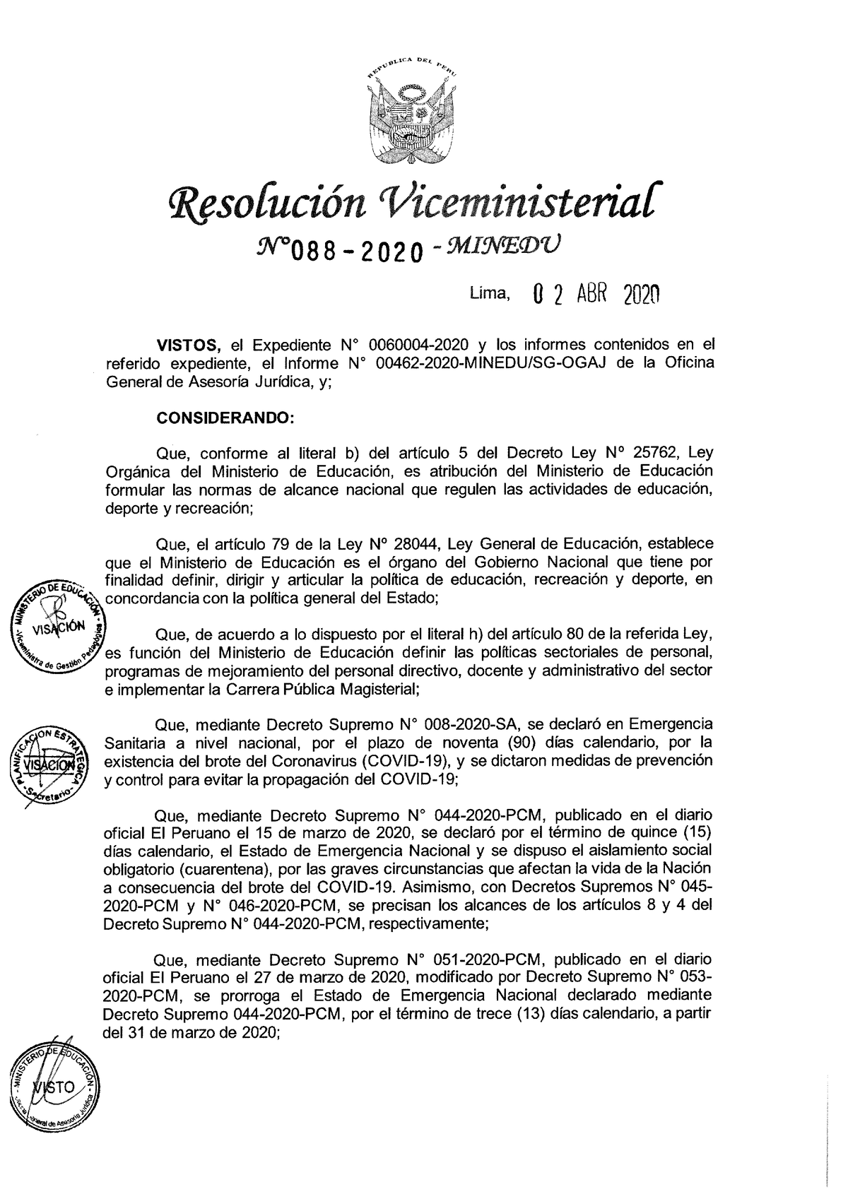 Resolucion Viceministerial Nº 088 2020 Minedu 04 04 20 - Administracion ...