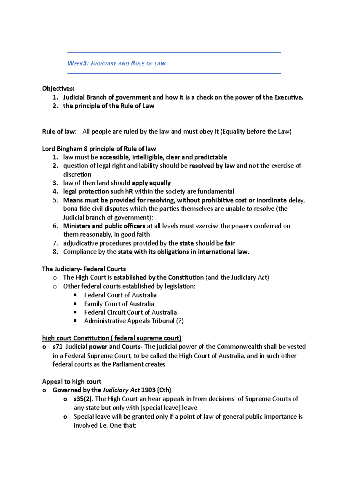 Week3 note notes WEEK3 JUDICIARY AND RULE OF LAW Objectives 1