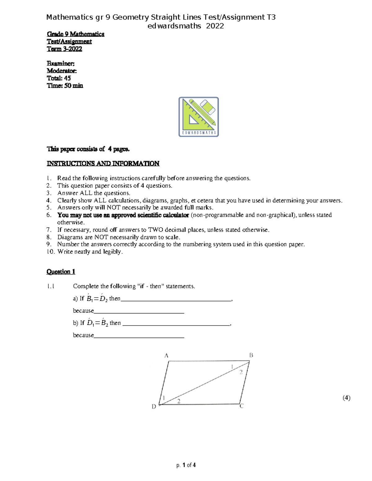 Gr 9 Edwardsmaths Test or Assignment Geometry Straight Lines T3 2022 ...