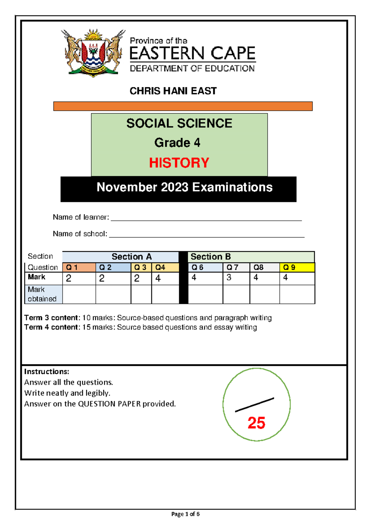 History Grade 4 Term 4 Exams 2023 - Section Section A Section B ...