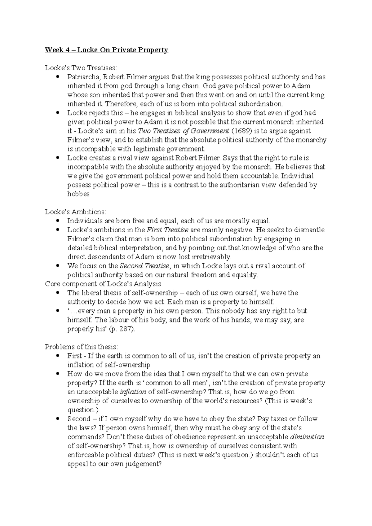 Week 4 lecture notes Locke Week 4 Locke On Private Property Locke