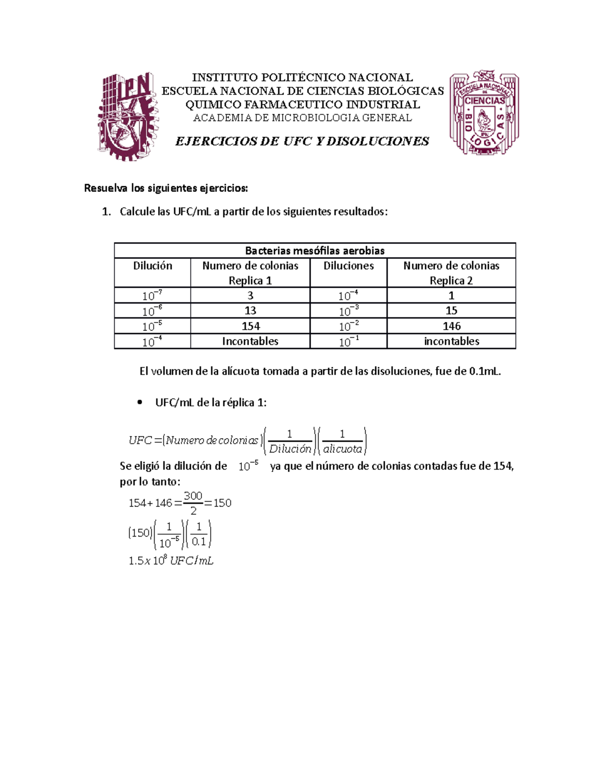 Ejercicios DE UFC Y Disoluciones Microbiologia IPN Studocu