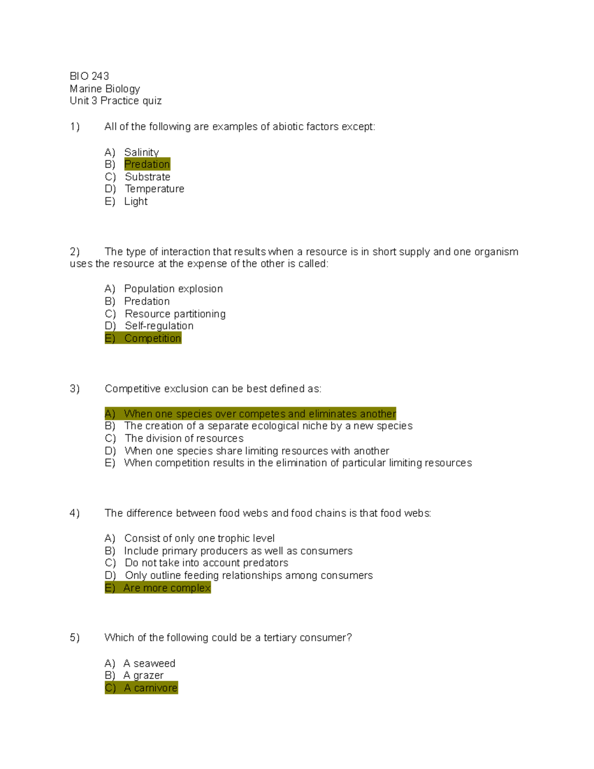 BIO 243 Unit 3 Practice Quiz BIO 243 Marine Biology Unit 3 Practice