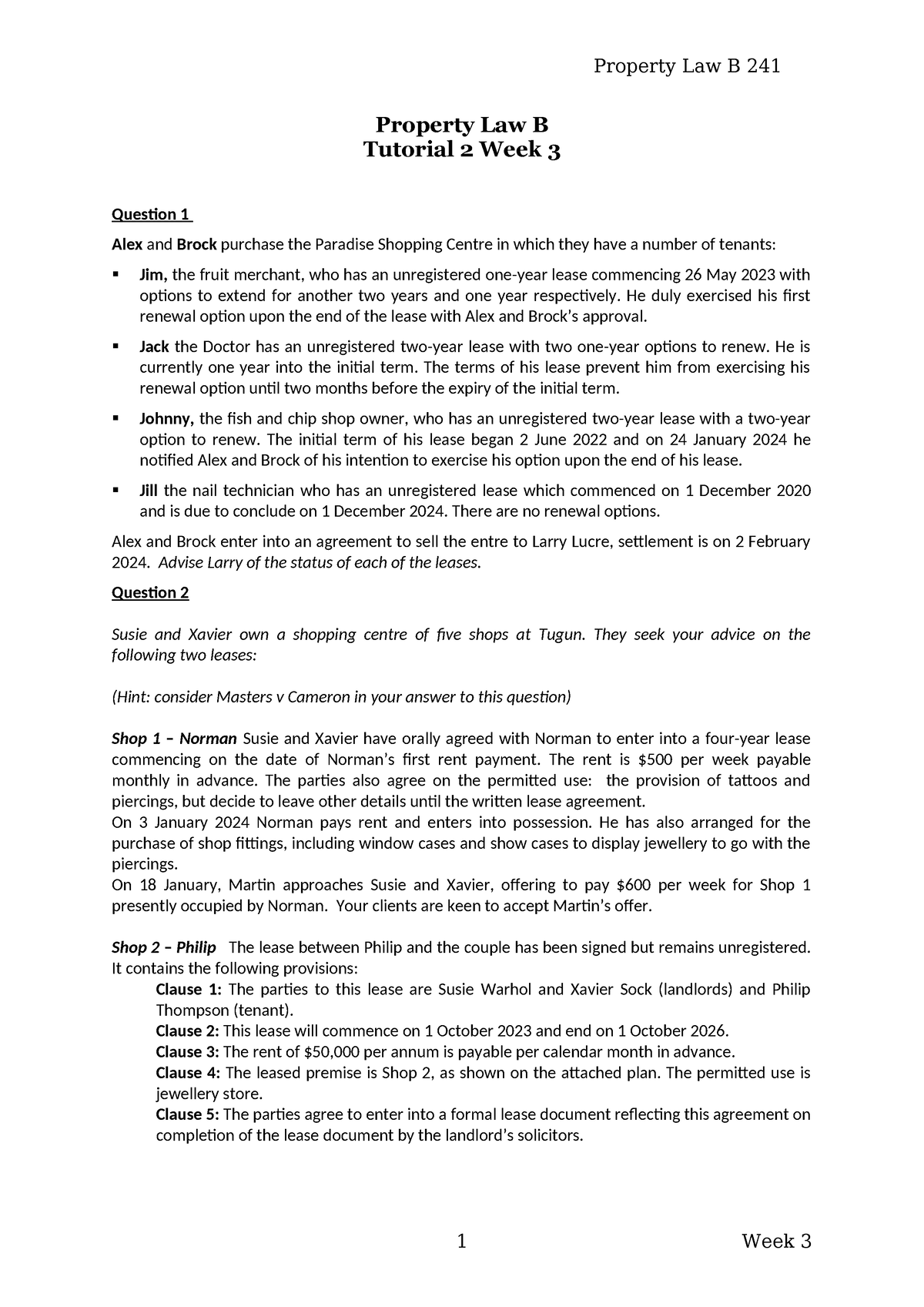 Tutorial 2 Week 3 - Property Law B 241 Property Law B Tutorial 2 Week 3 ...