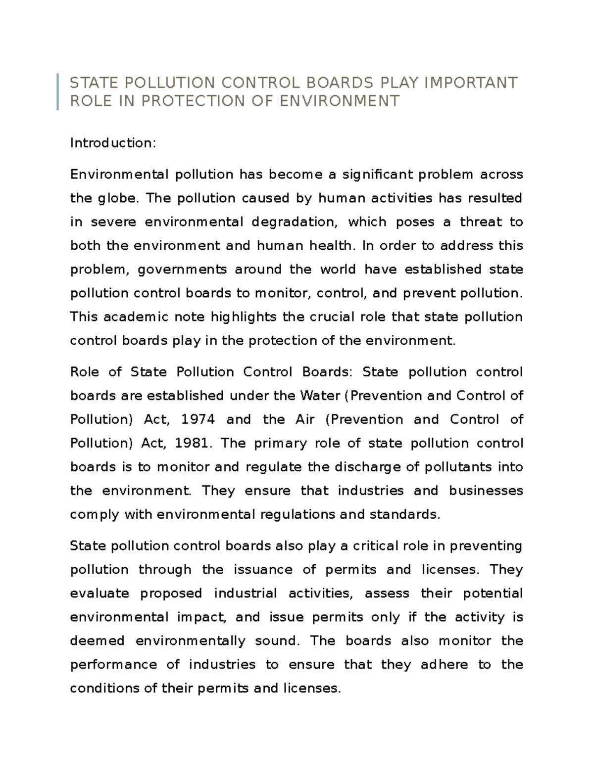 State Pollution Control Boards PLAY Important ROLE IN Protection OF