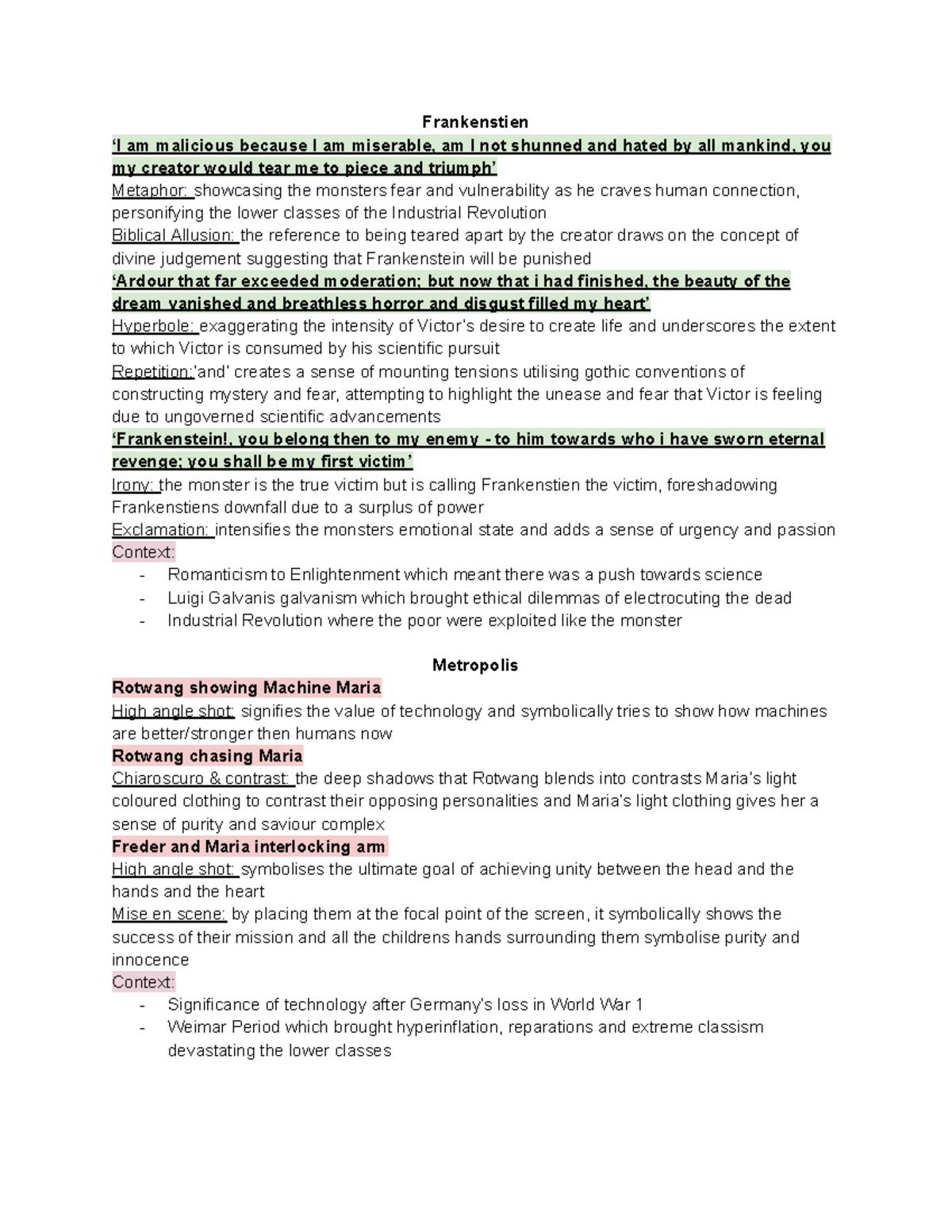 English Ext 1 Cheat Sheet - Frankenstien ‘I am malicious because I am ...