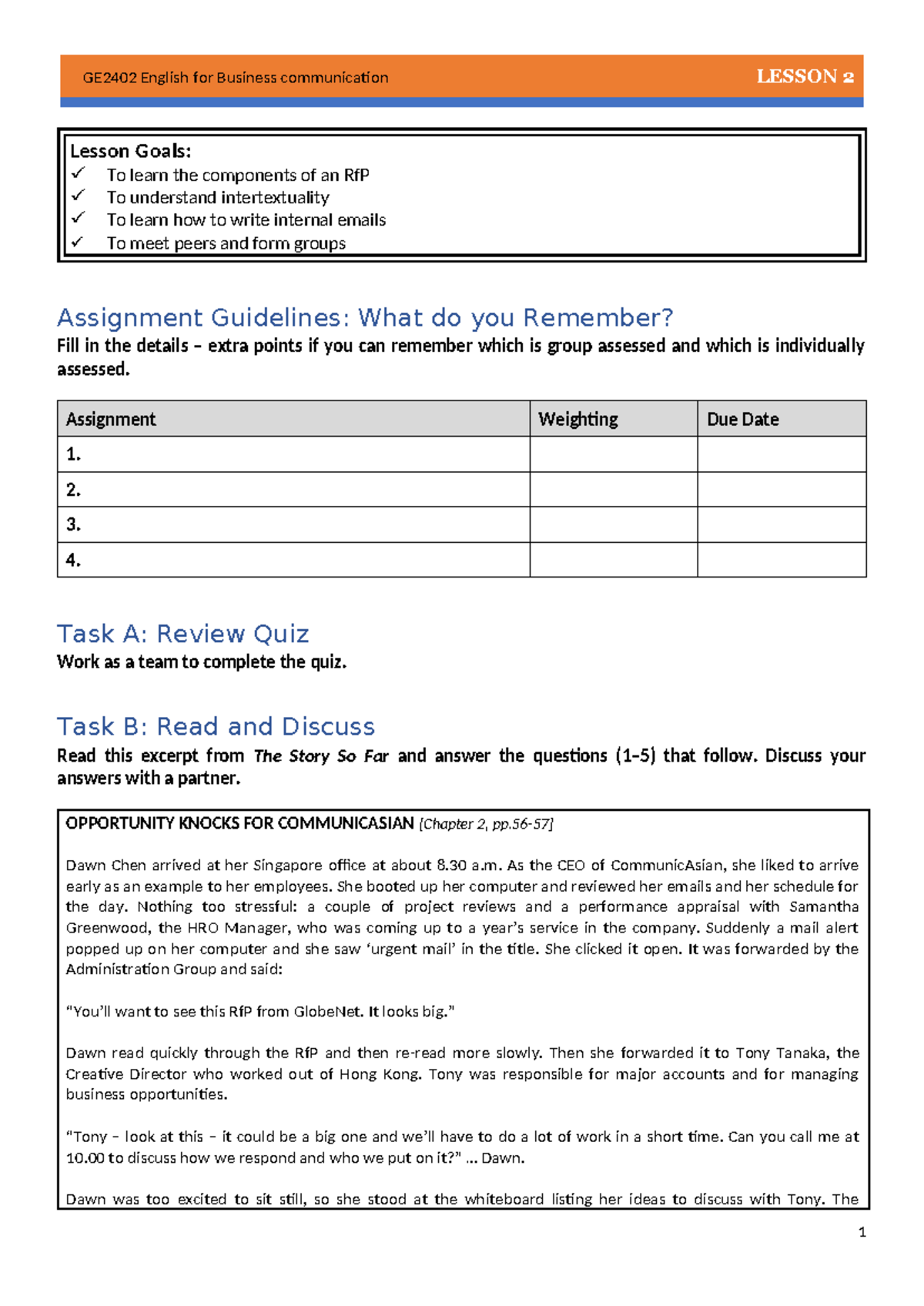 Lesson 2 Handout - Lesson Goals: To learn the components of an RfP To ...