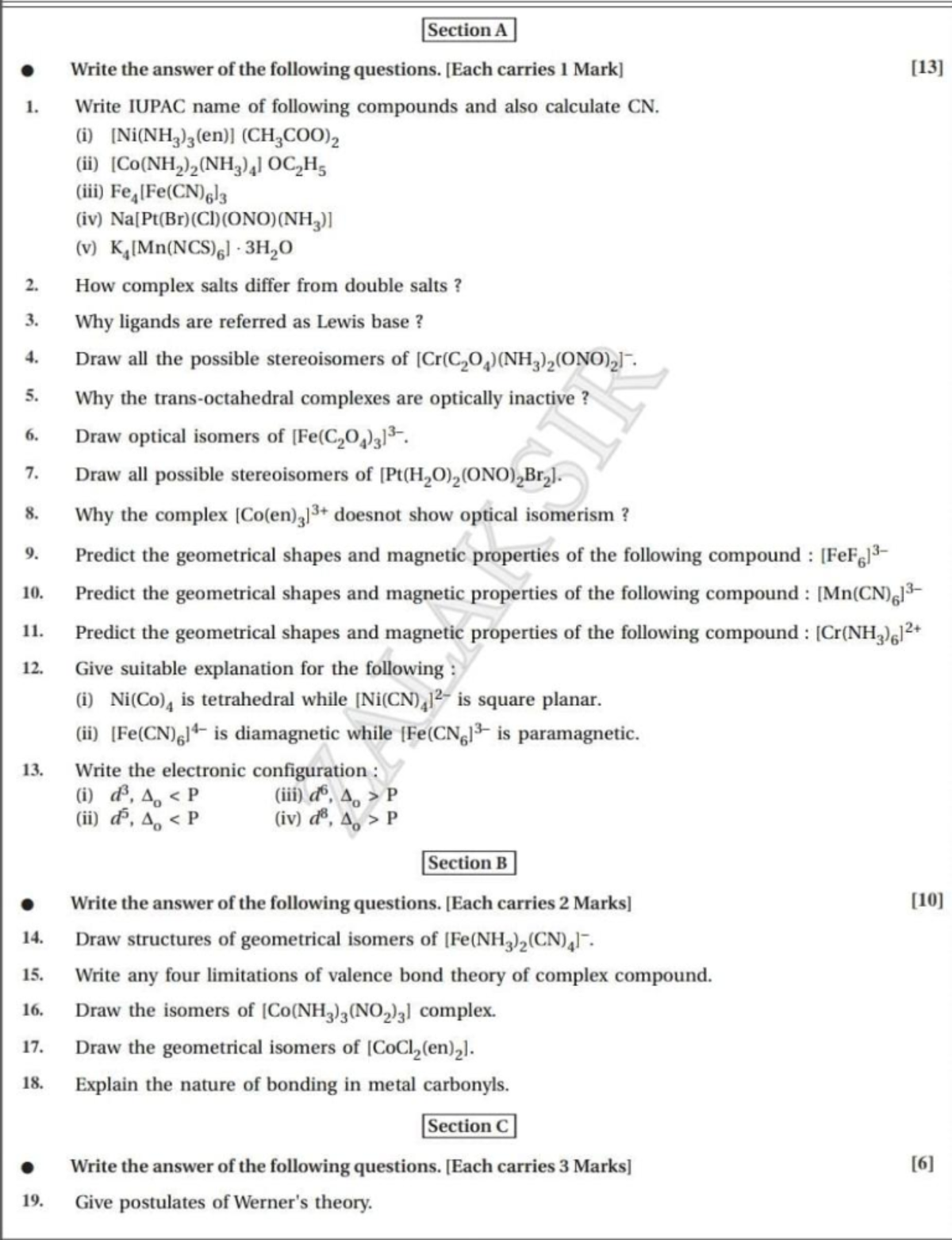 Co ordination compound - Section A Write the answer of the following ...
