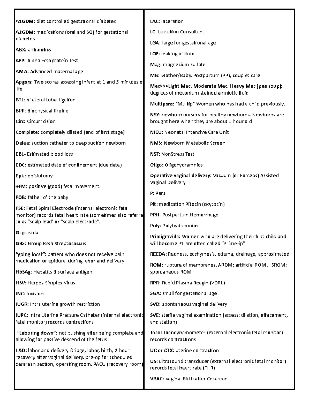 OB terminology and abbreviations 1 page - LAC: laceration LC ...