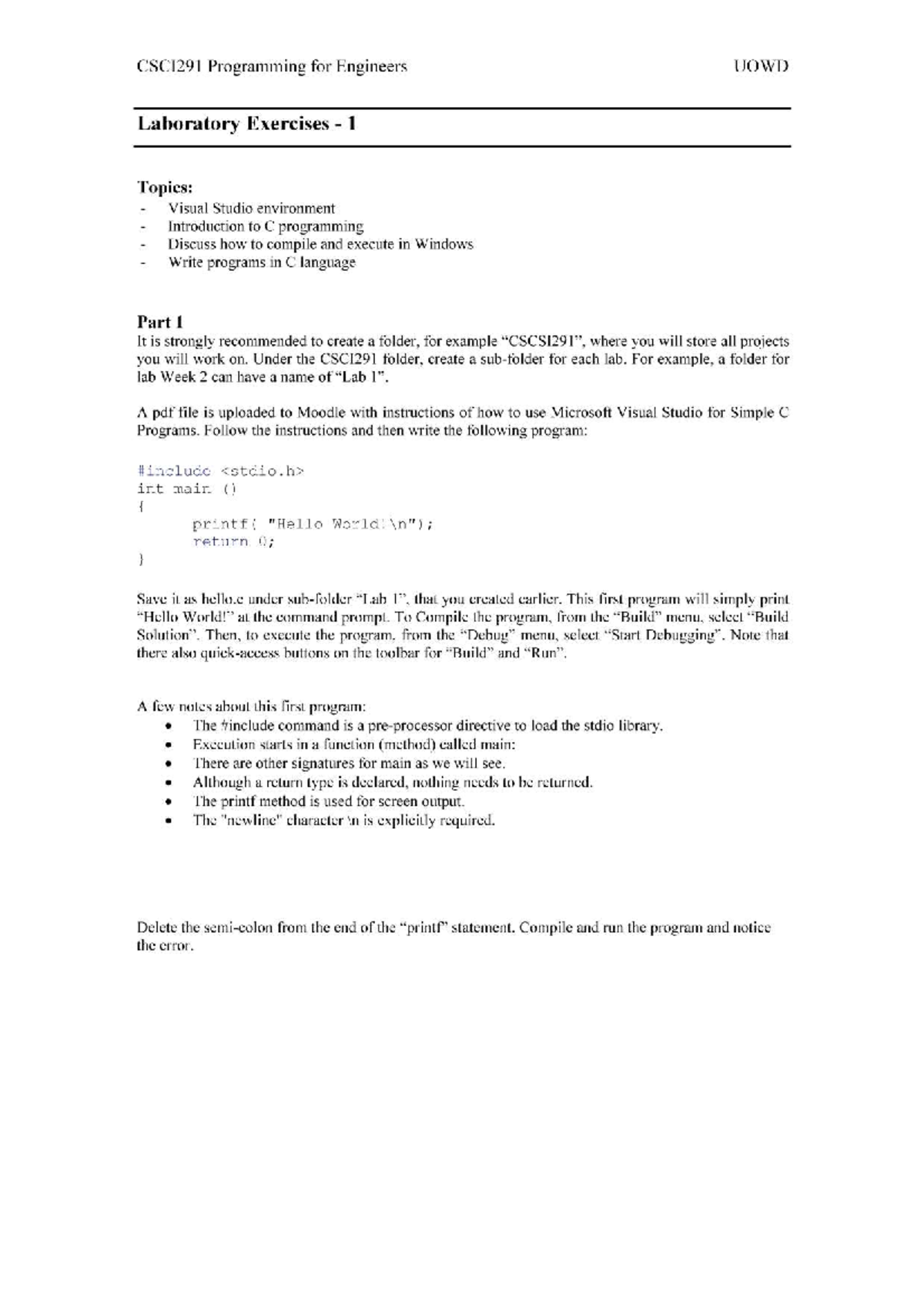 Csci291 Lab 1 The Lab Notes Of Csci 291 Engineering Programing Studocu